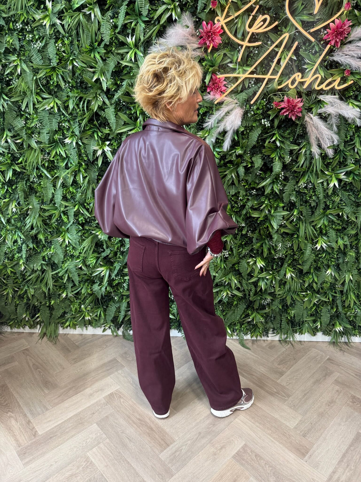 Leatherlook blouse pofmouwen aubergine