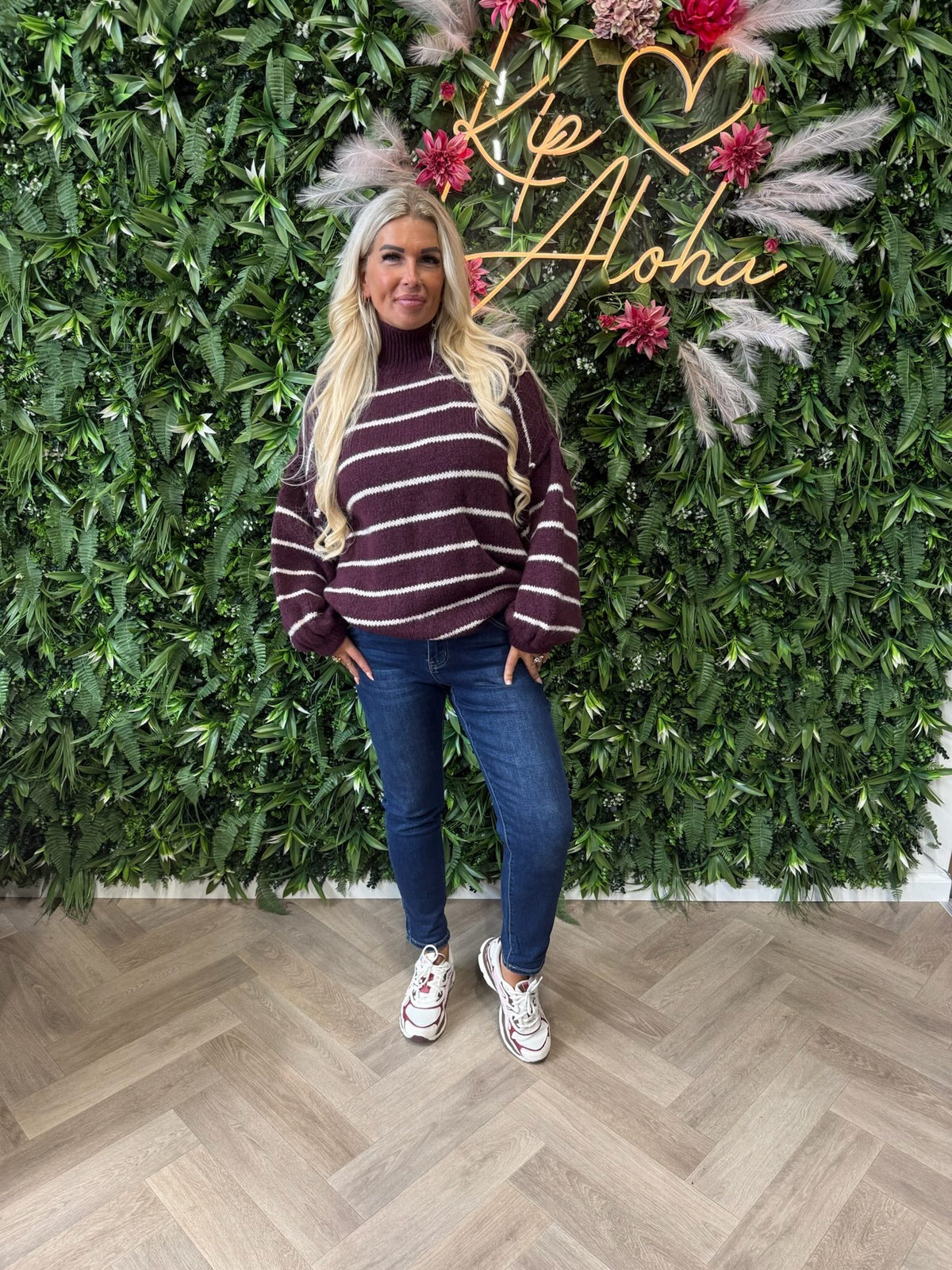 Gebreide trui turtle neck streepjes aubergine