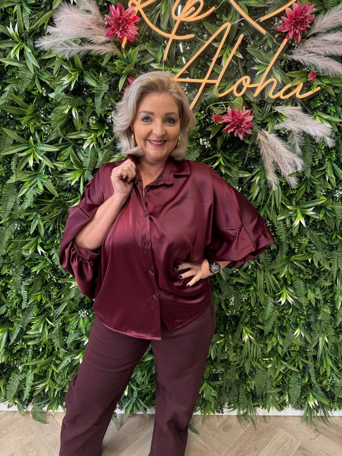 Silky blouse met korte pofmouwen bordeaux