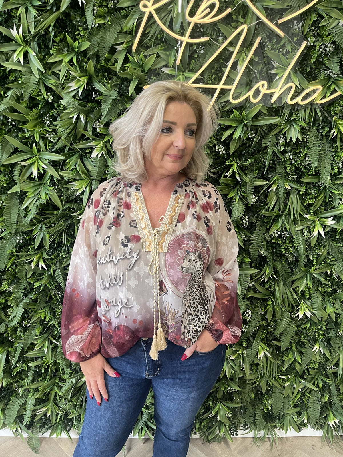 Blouse mixed prints beige/bordeaux