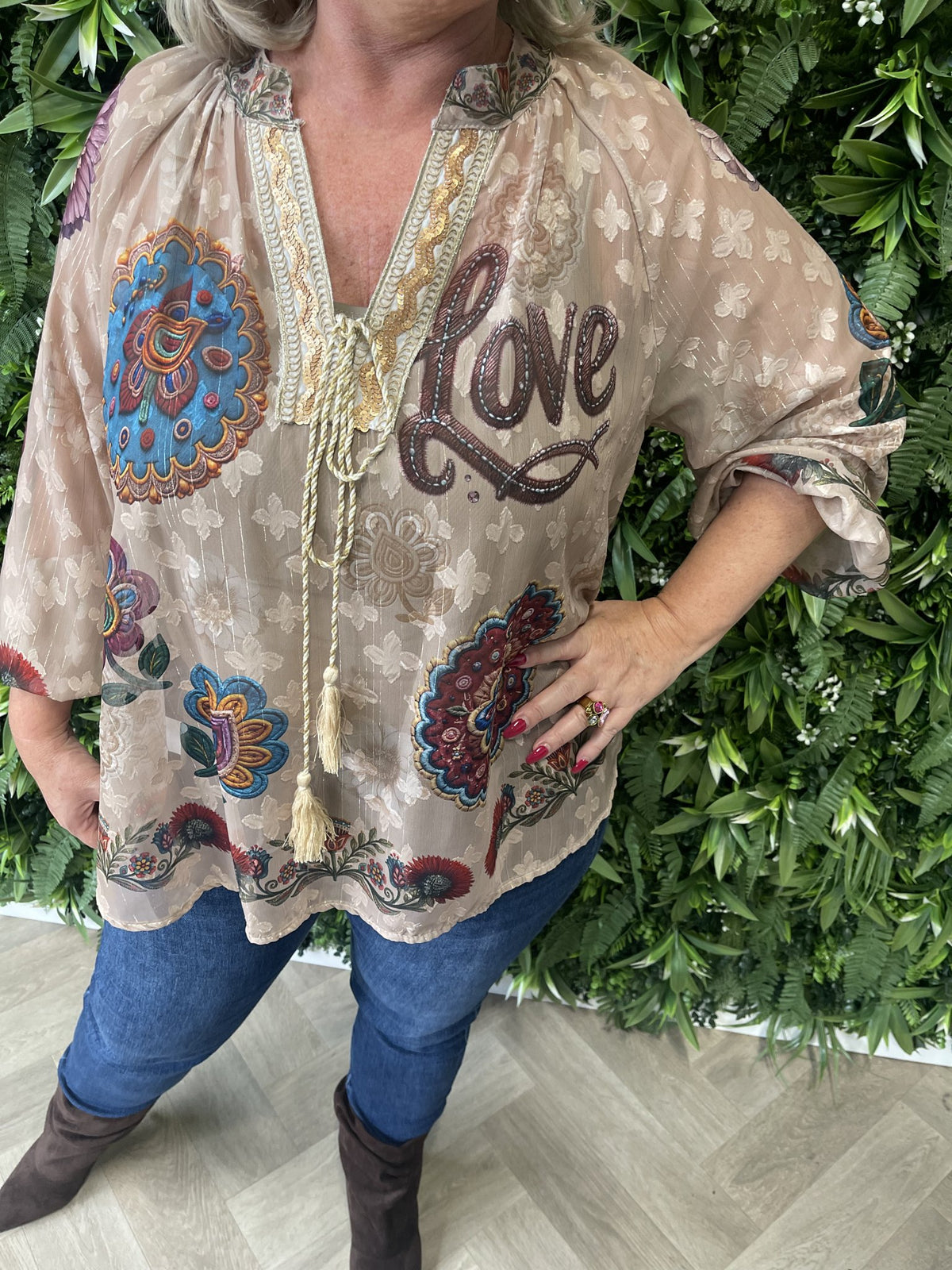 Blouse mixed prints beige/blauw