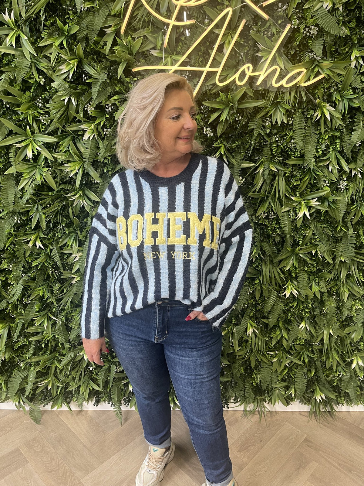 Gebreide sweater strepen Boheme marineblauw/lichtblauw