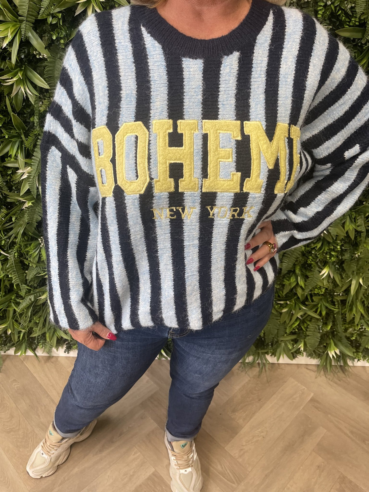 Gebreide sweater strepen Boheme marineblauw/lichtblauw