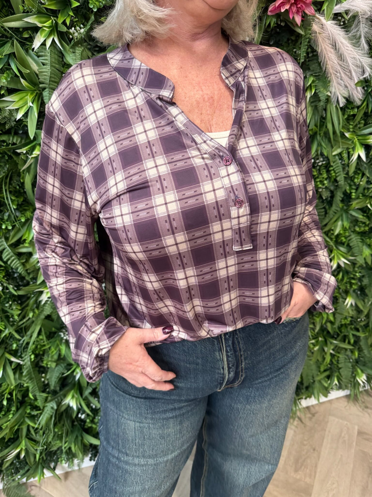 Top v-hals ruiten aubergine