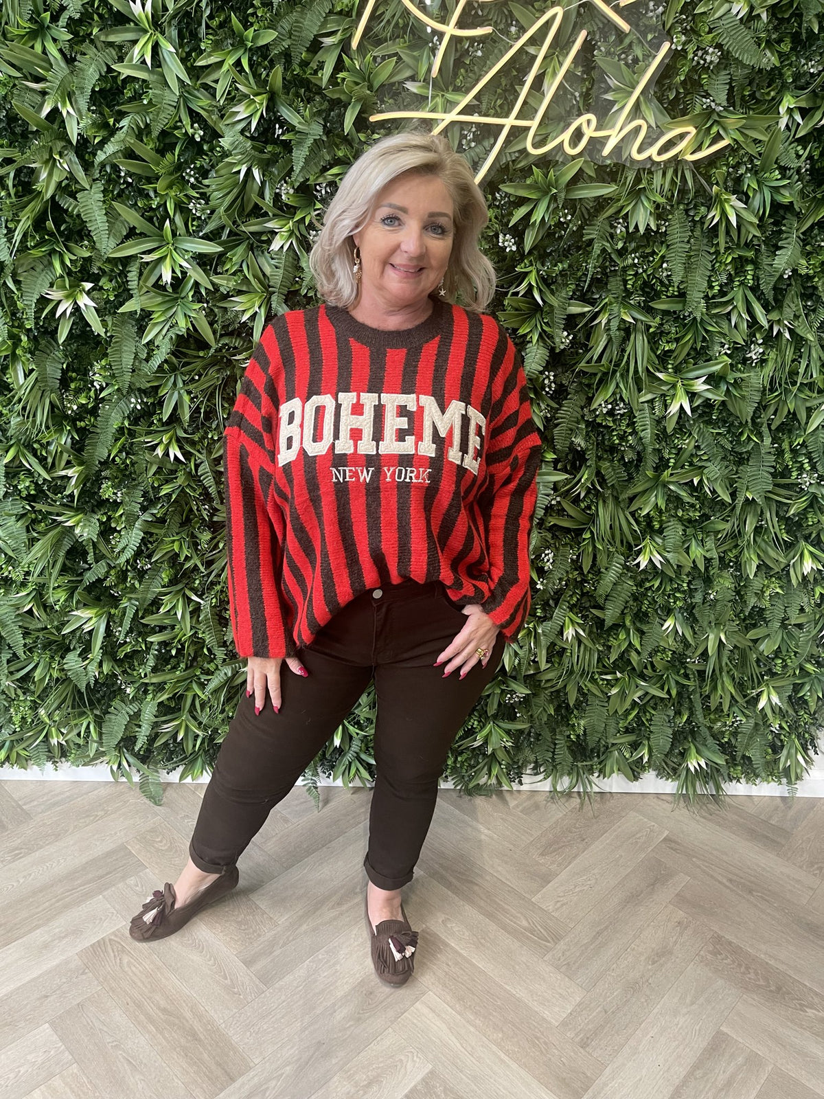 Gebreide sweater strepen Boheme rood/bruin