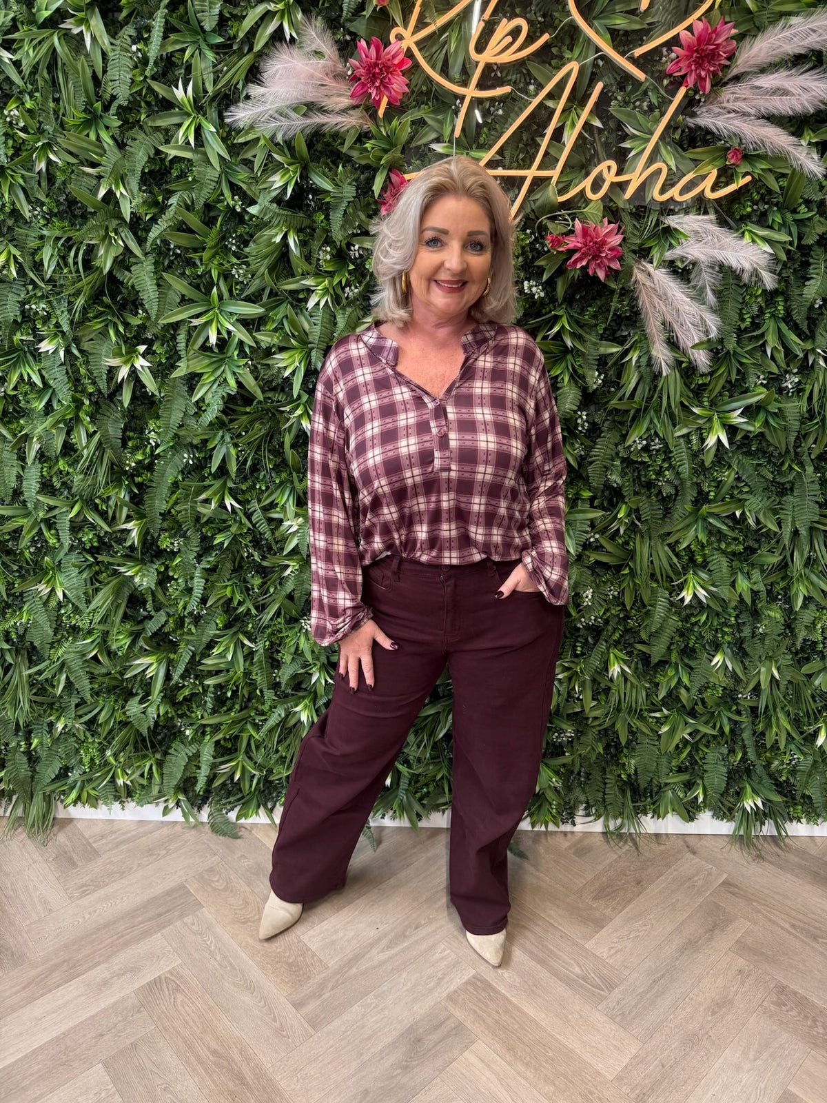 Top v-hals ruiten bordeaux