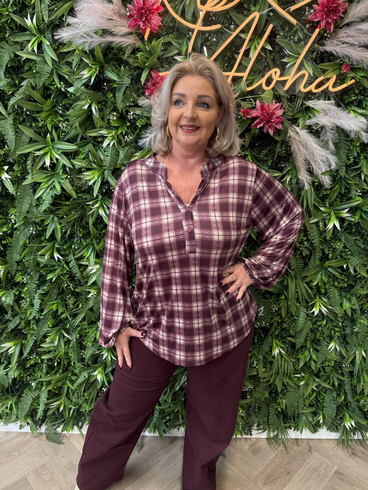 Top v-hals ruiten bordeaux
