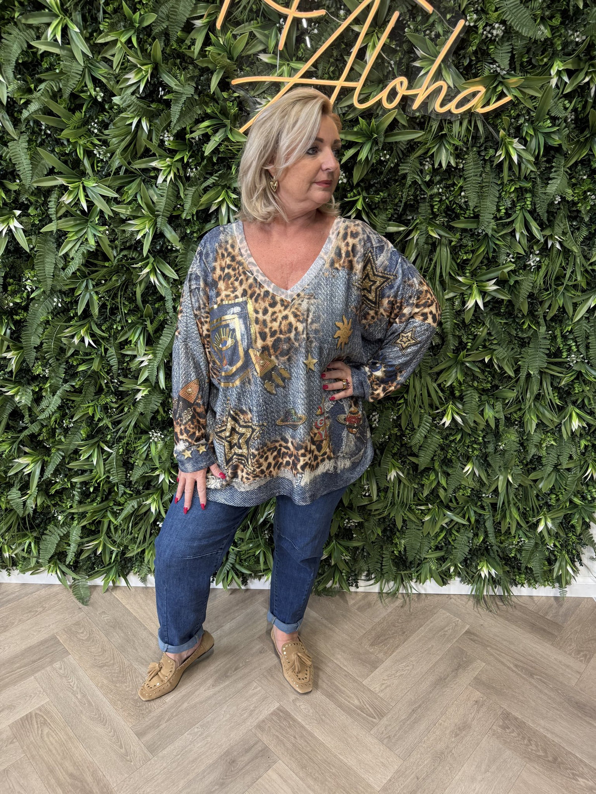 Shirt tropical print lange mouwen jeansblauw