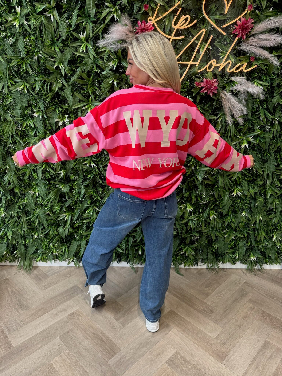 Sweater NewYork strepen roze