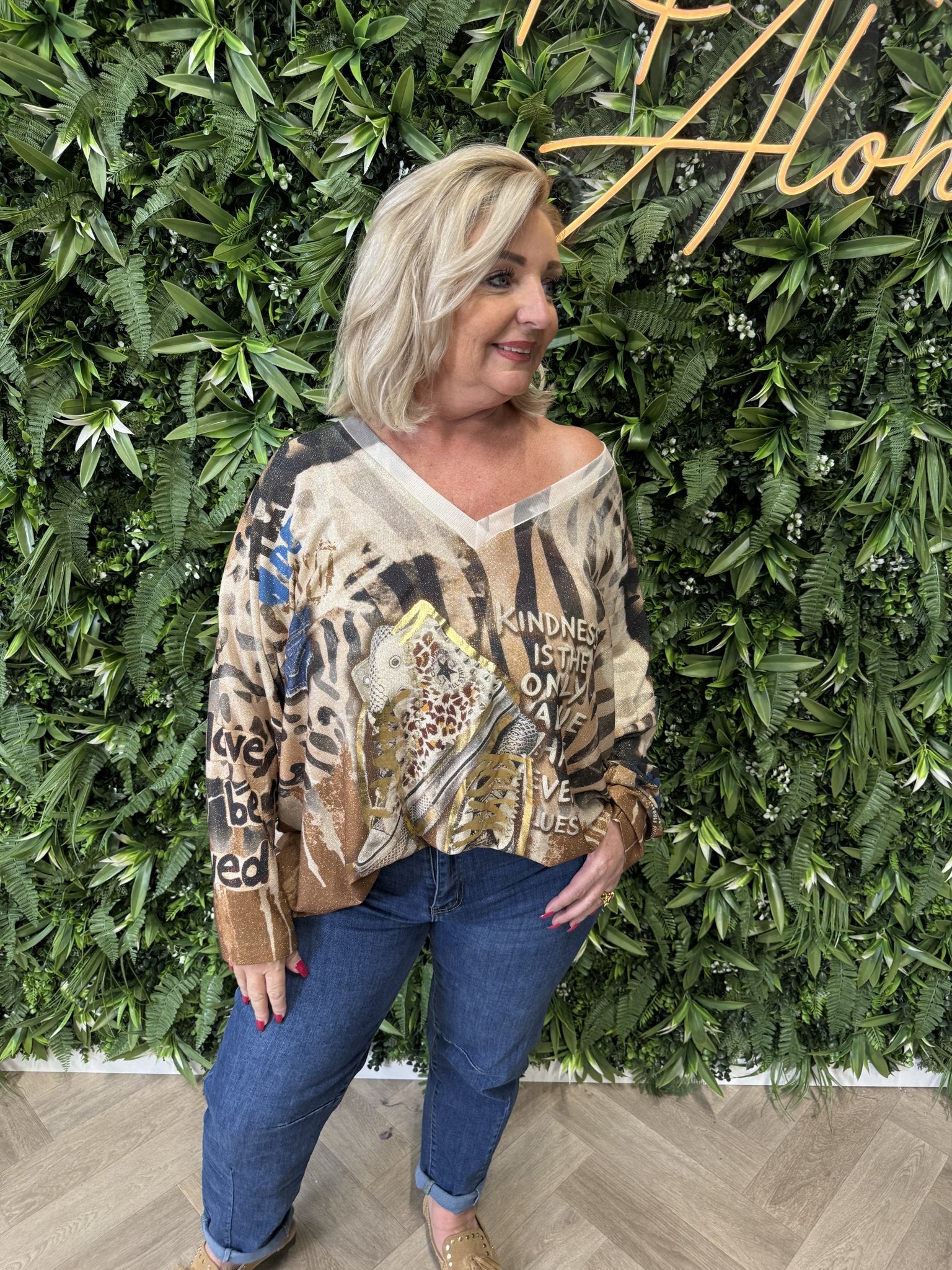 Shirt tropical print lange mouwen zwart/camel