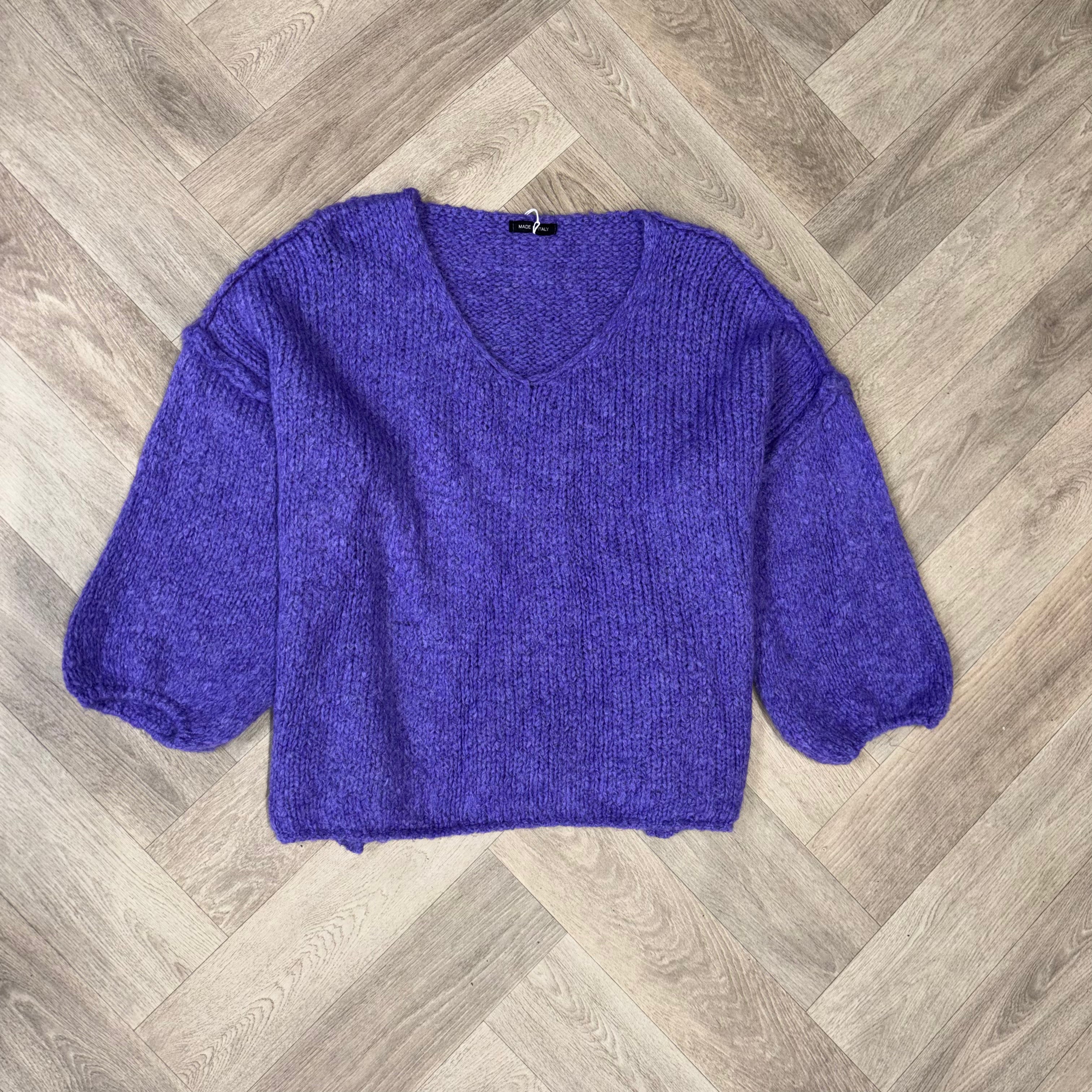 Grof gebreide trui v-hals paars