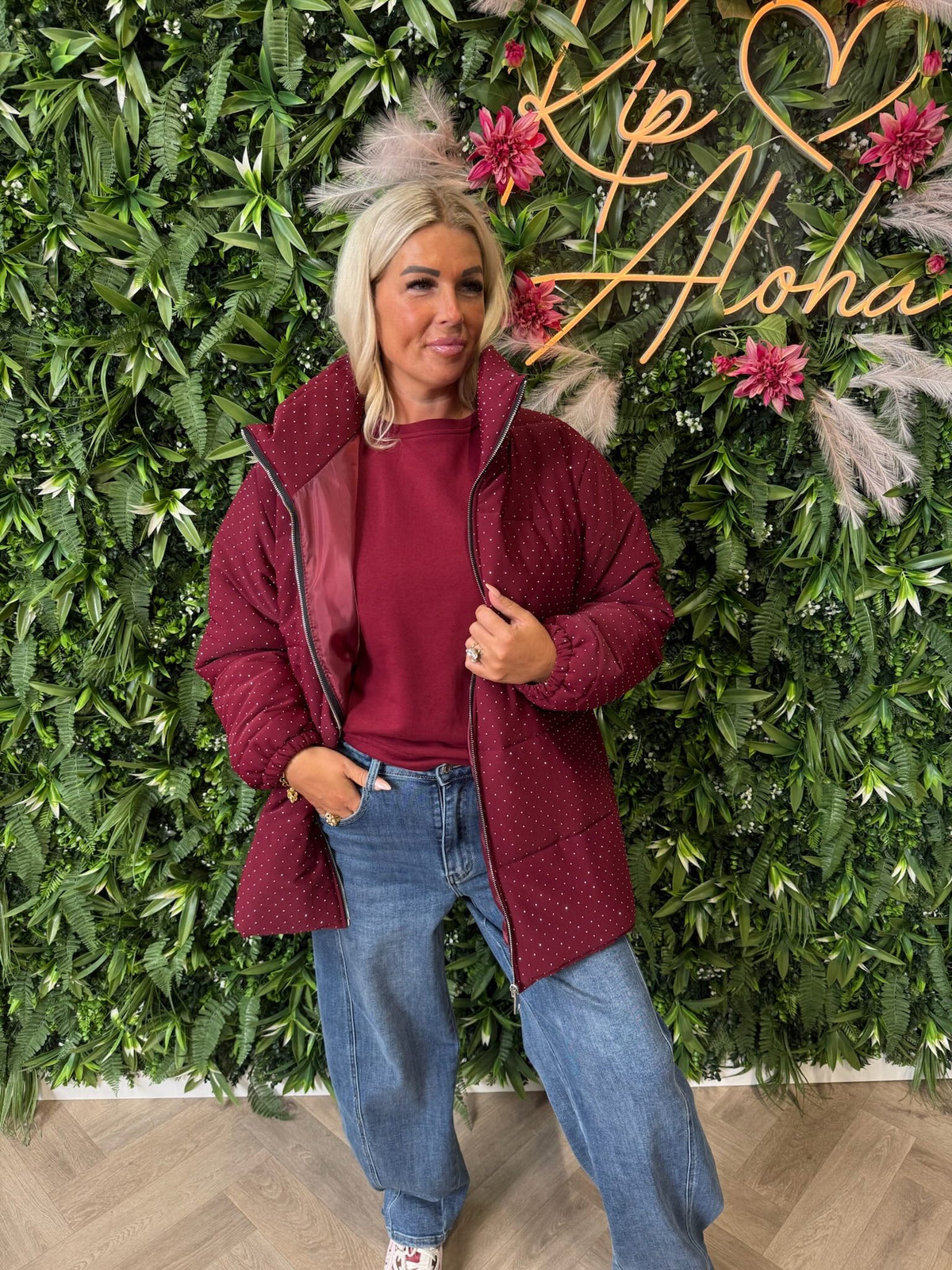 Puffer jas strass bordeaux