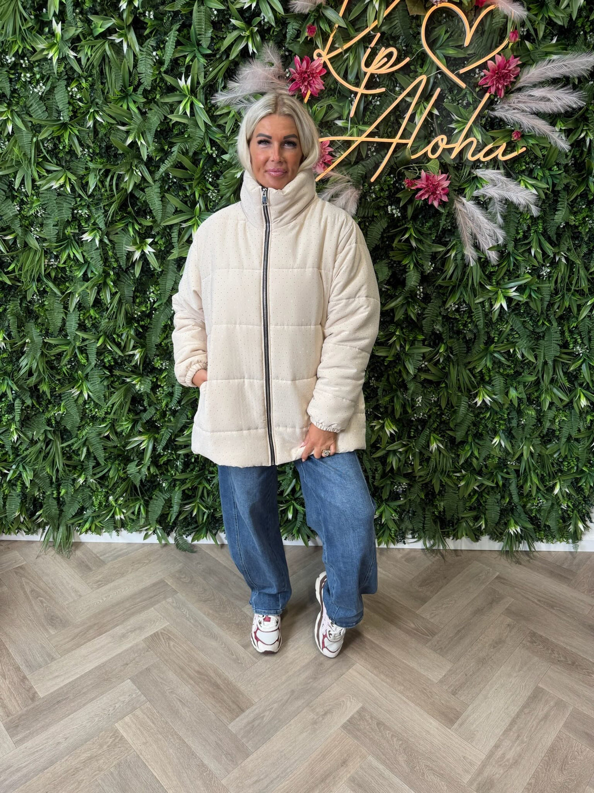 Puffer jas strass beige