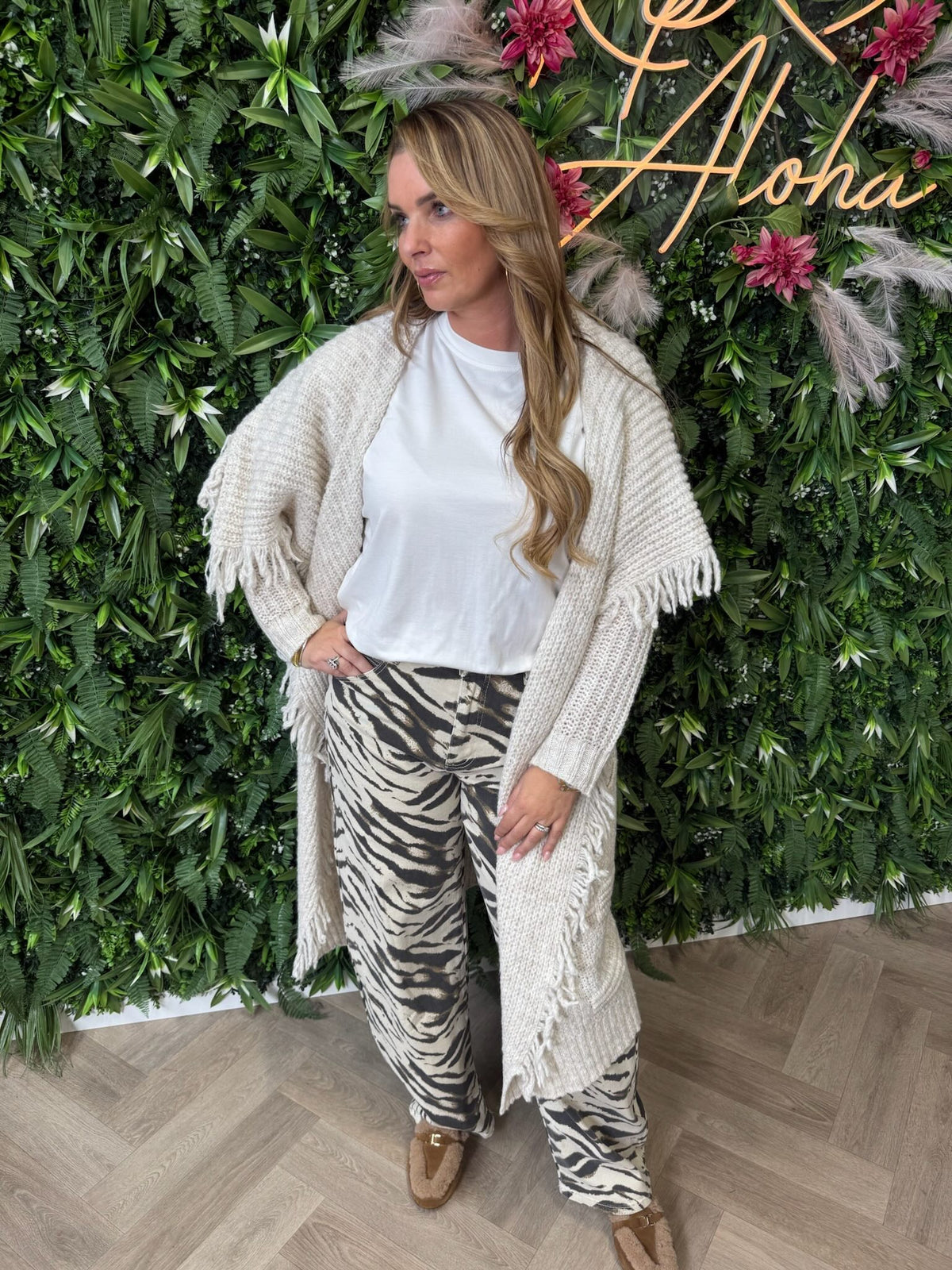 Gebreid vest franjes beige