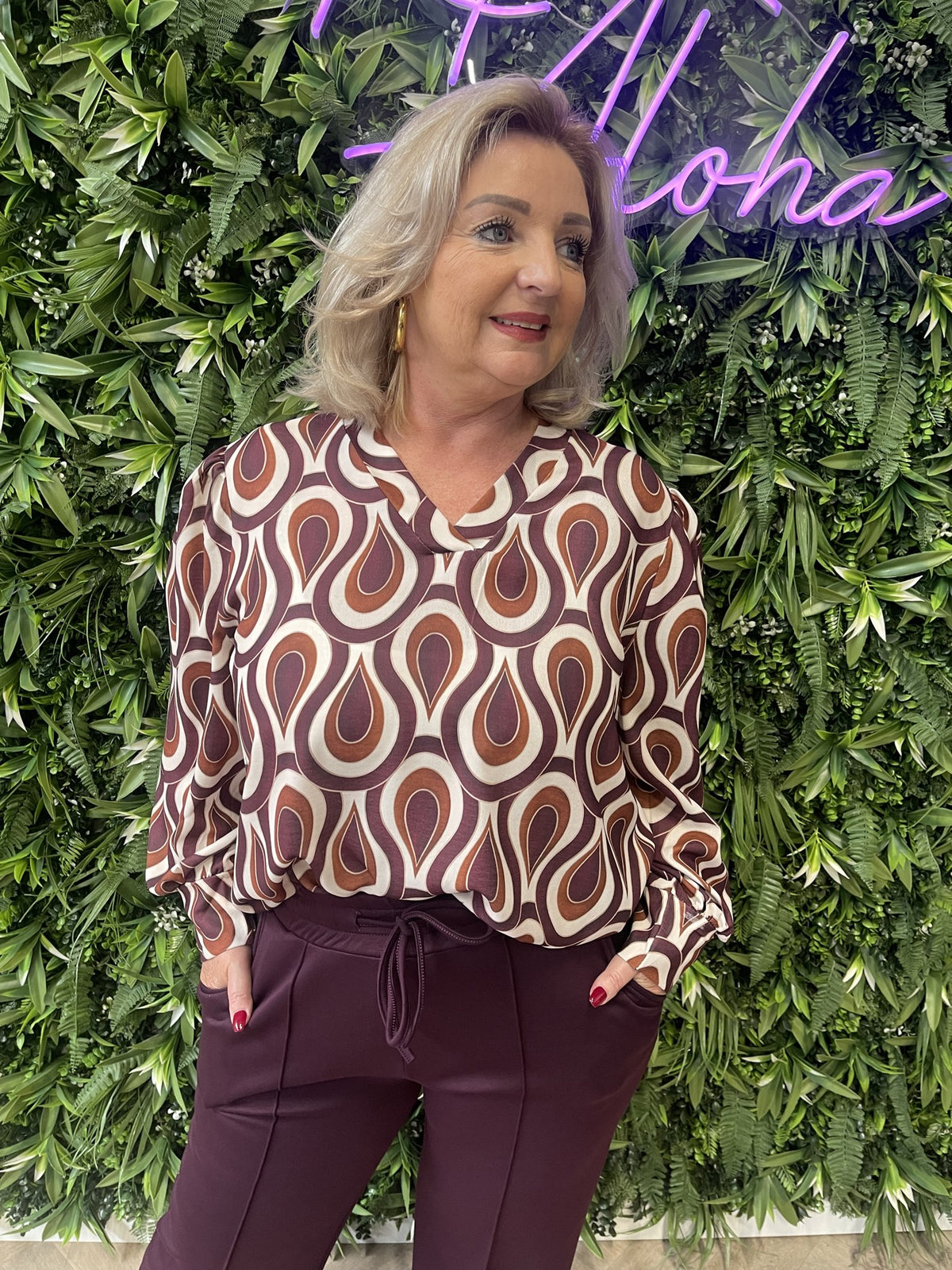 Top v-hals print druppel bordeaux
