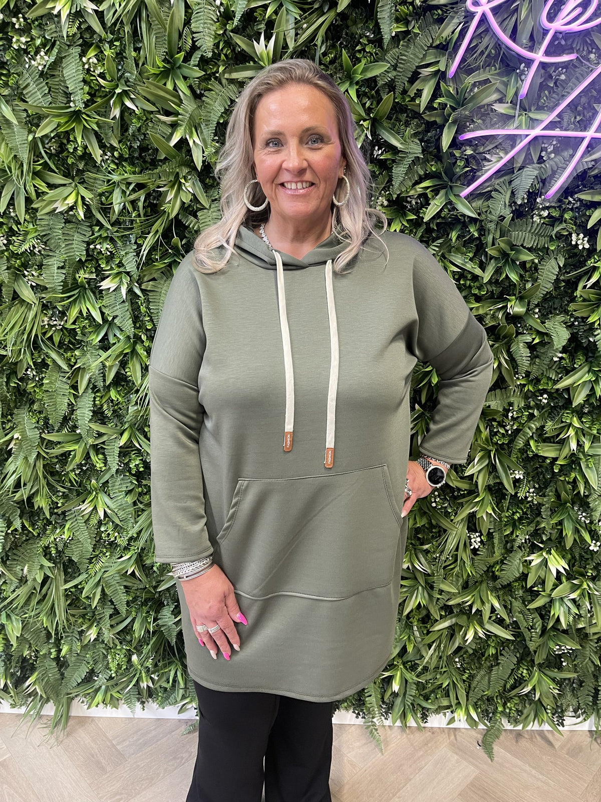 Sweaterdress met capuchon uni legergroen