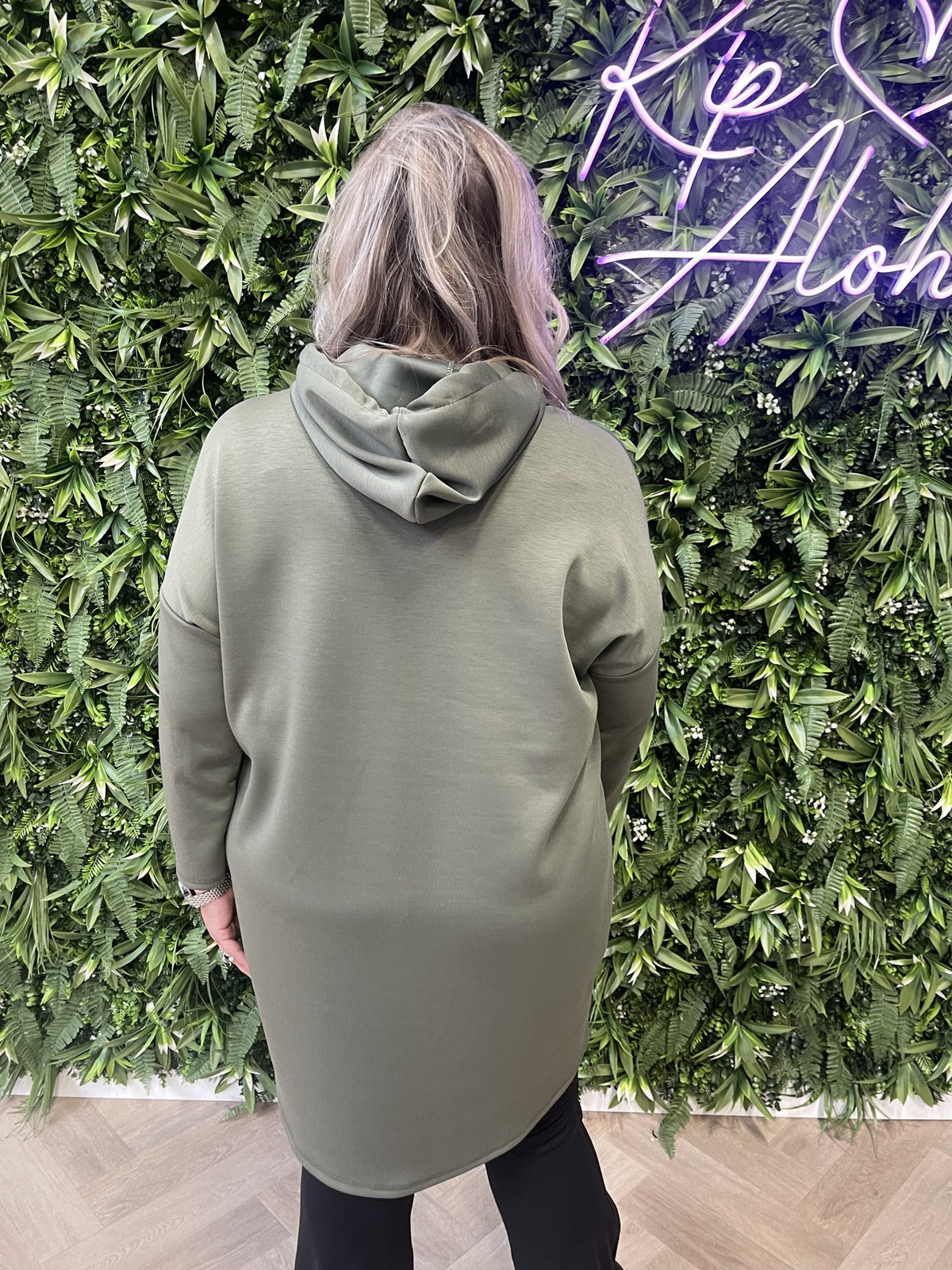 Sweaterdress met capuchon uni legergroen
