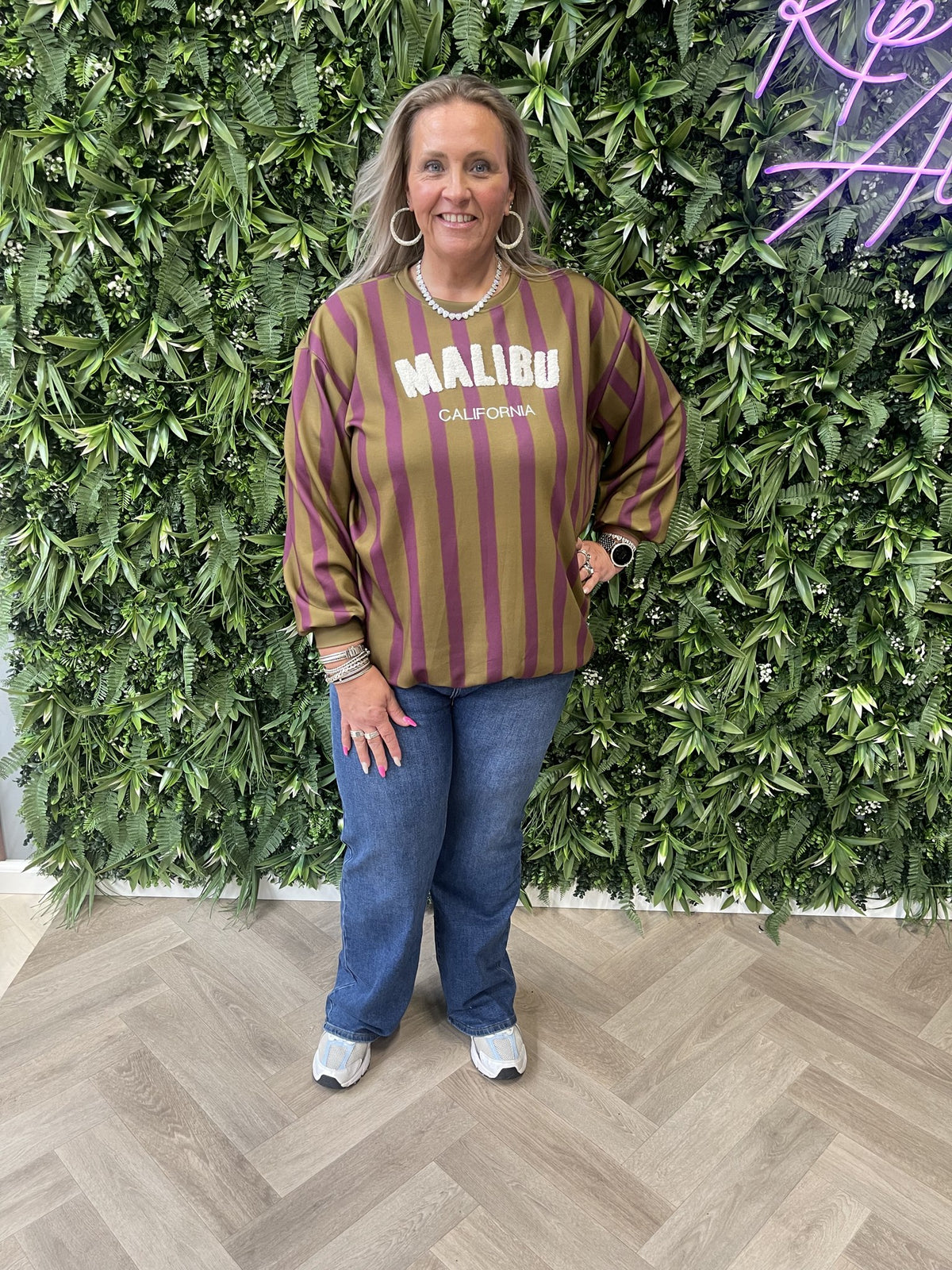 Gestreepte sweater malibu paars/lime