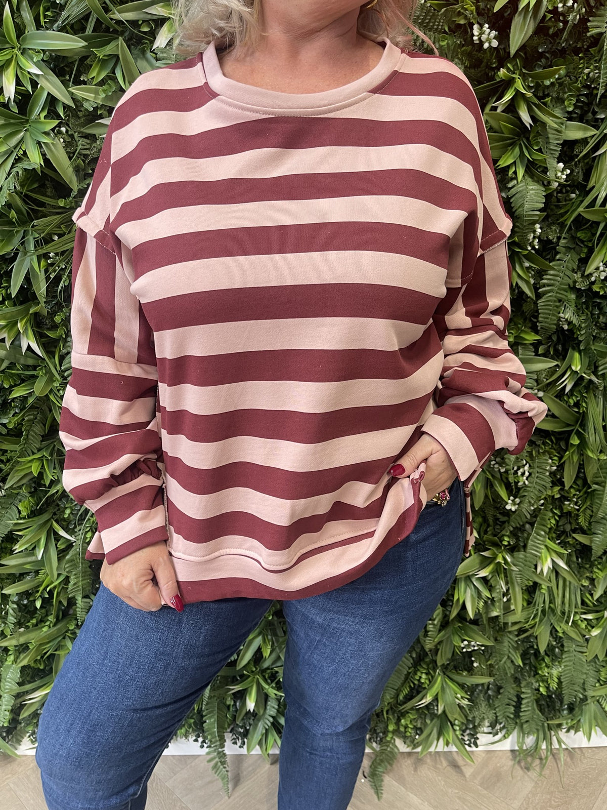 Sweater strepen bordeaux/lichtroze