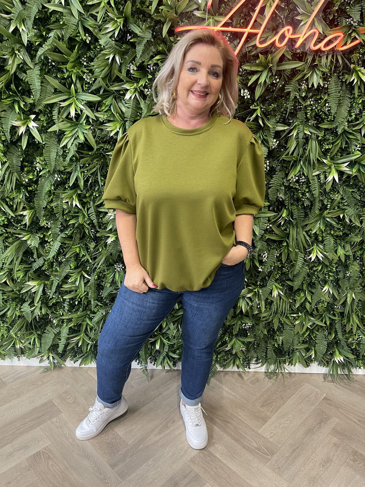Sweater korte pofmouwen pistache