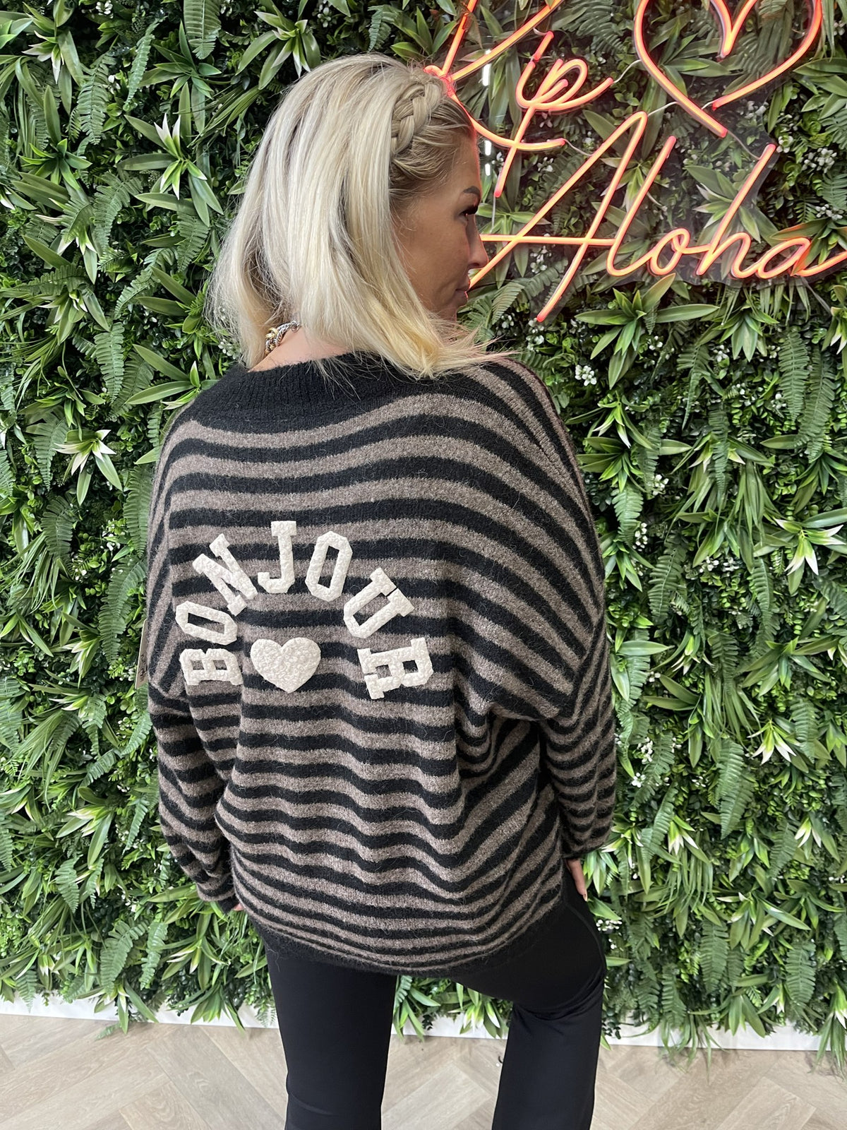 Gebreid vest gestreept Bonjour zwart/bruin