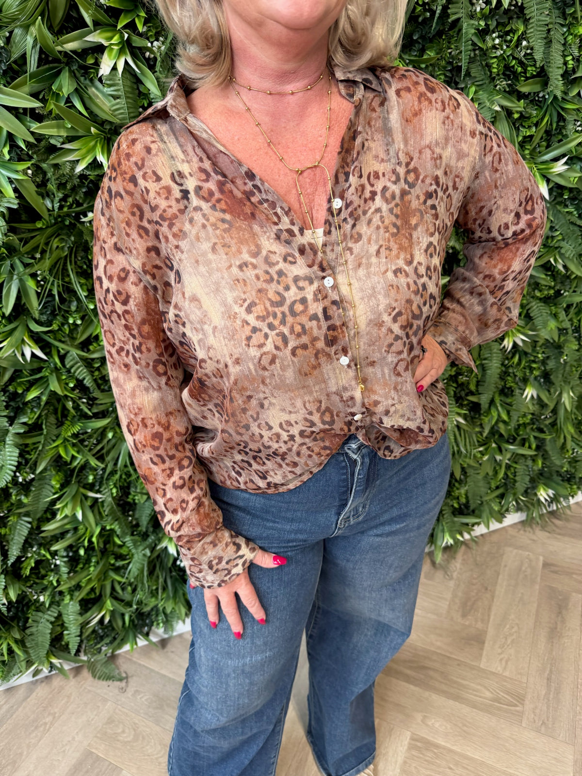 Blouse panter met lurex detail bruin