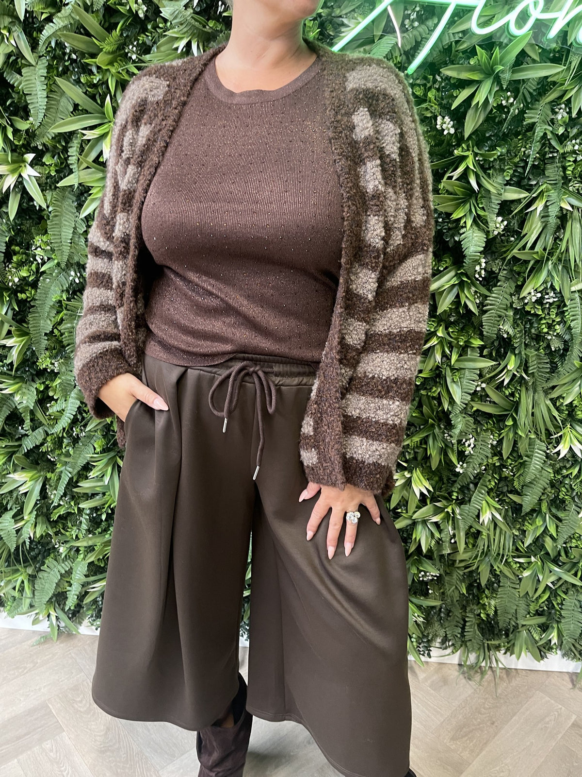 Boucle vest met strepen bruin/donkerbruin