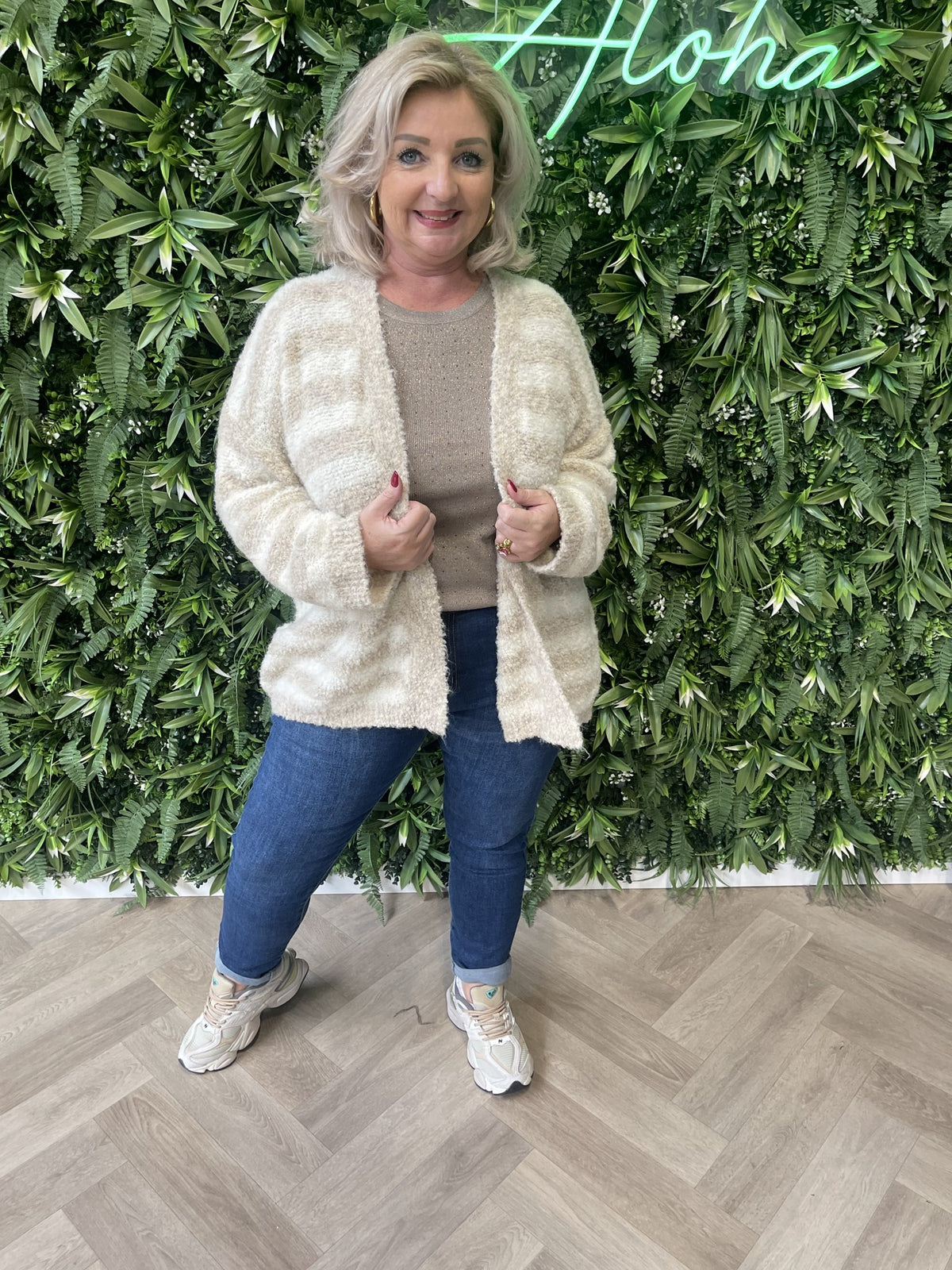 Boucle vest met strepen beige/roomwit