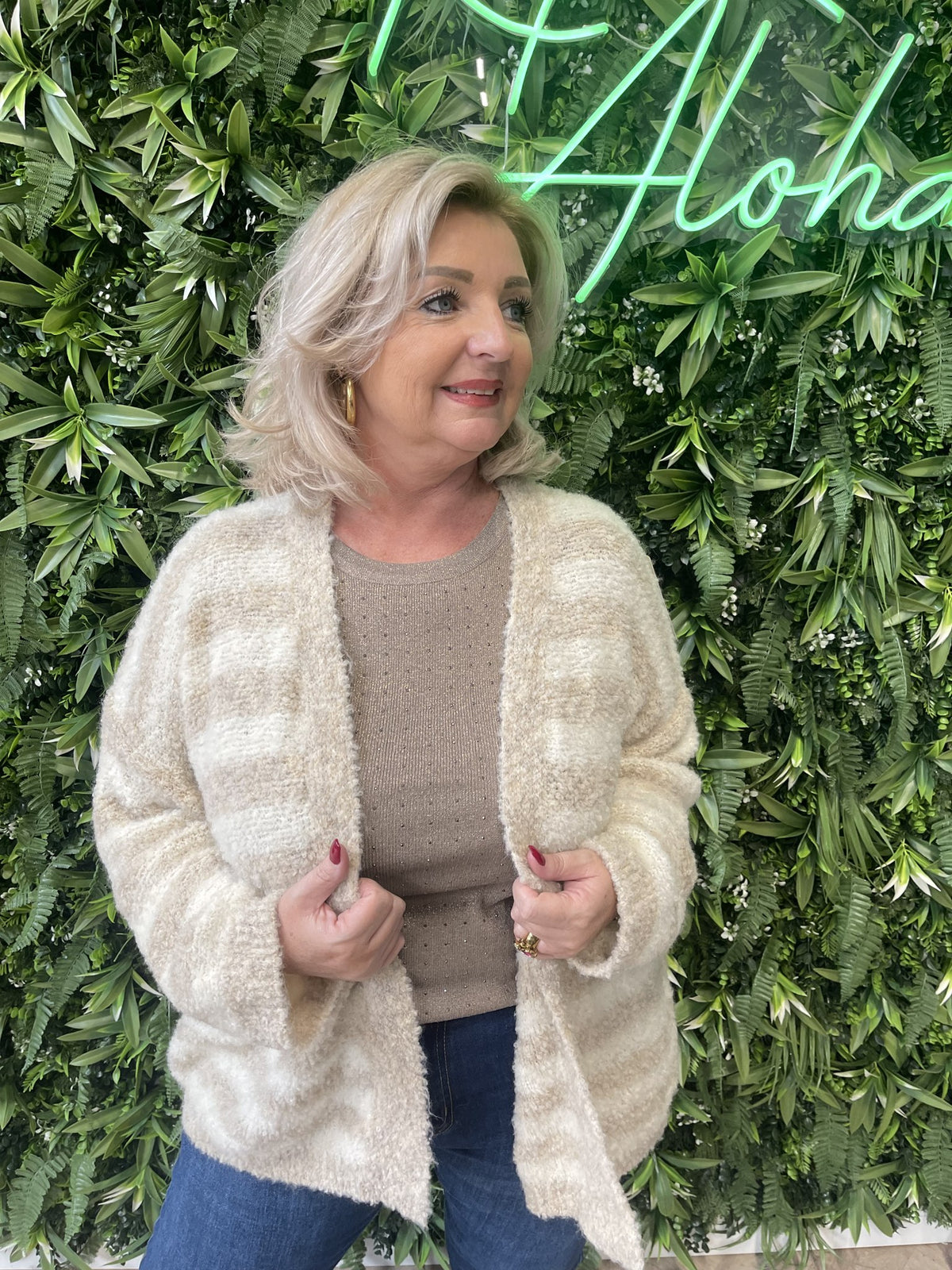 Boucle vest met strepen beige/roomwit