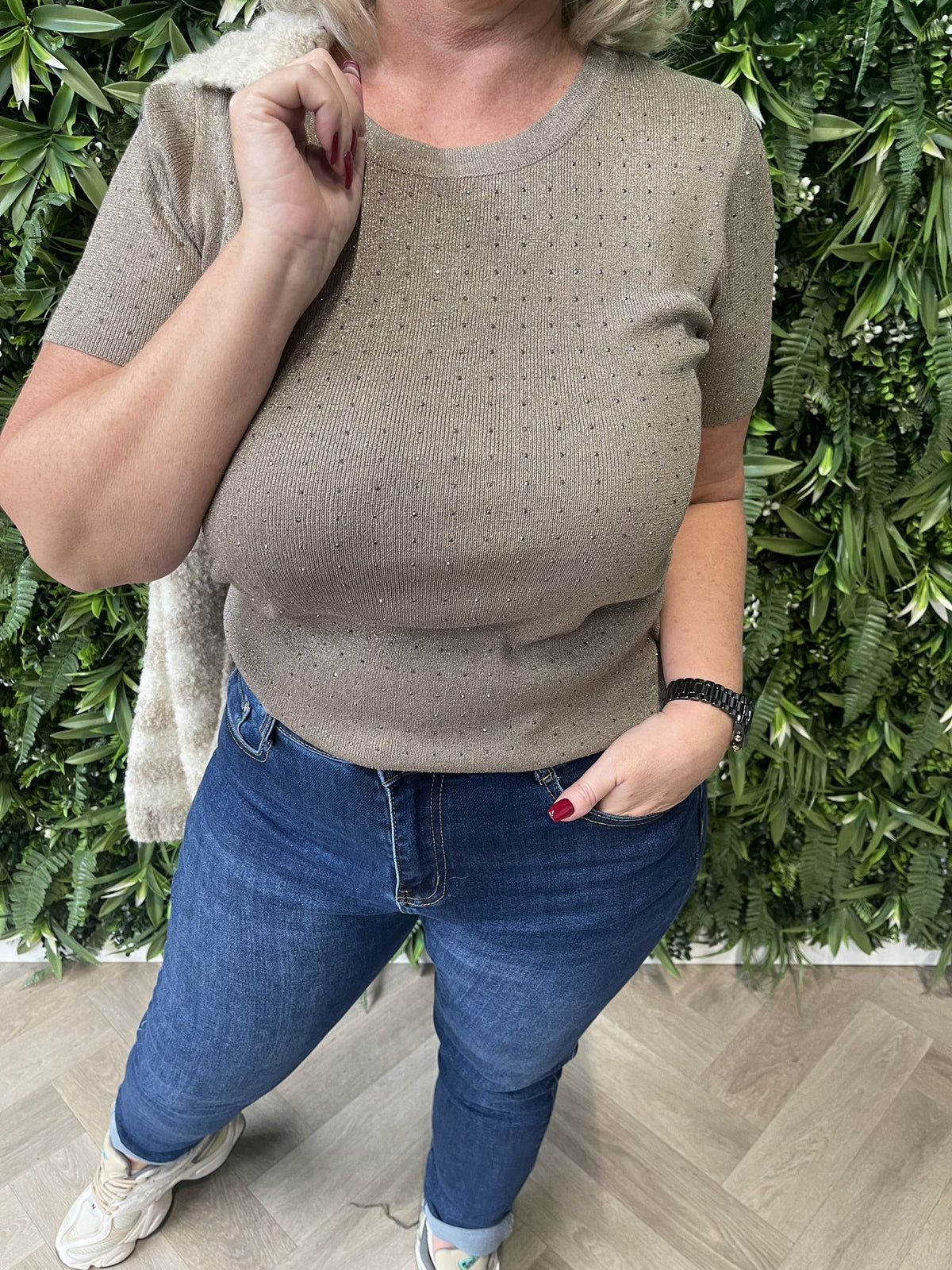 Top korte mouwen strass lichtbruin