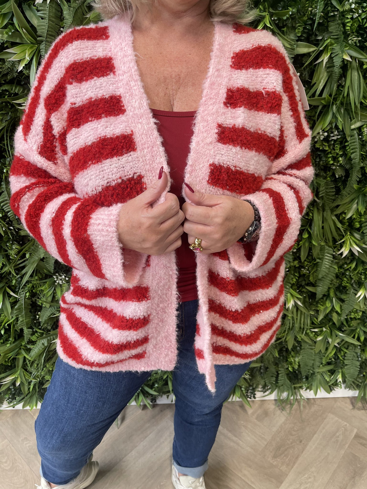 Boucle vest met strepen rood/lichtroze