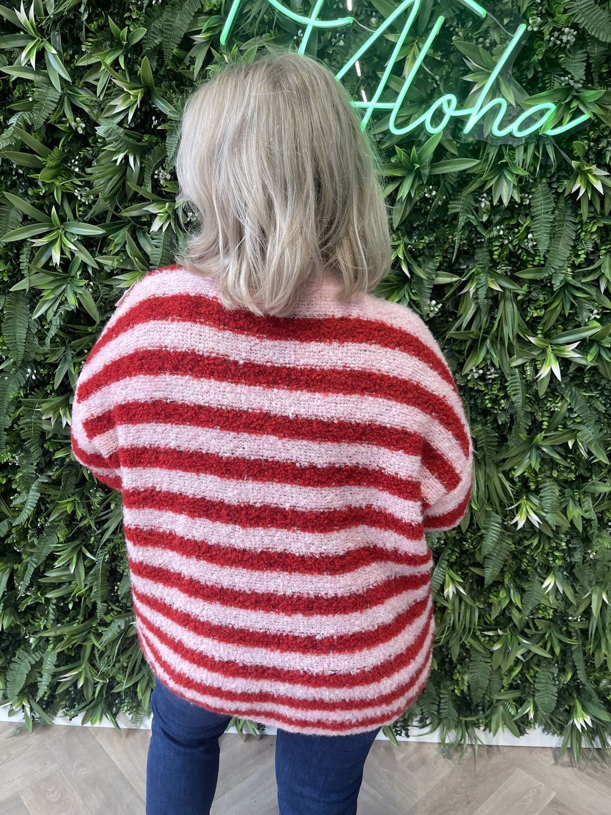 Boucle vest met strepen rood/lichtroze