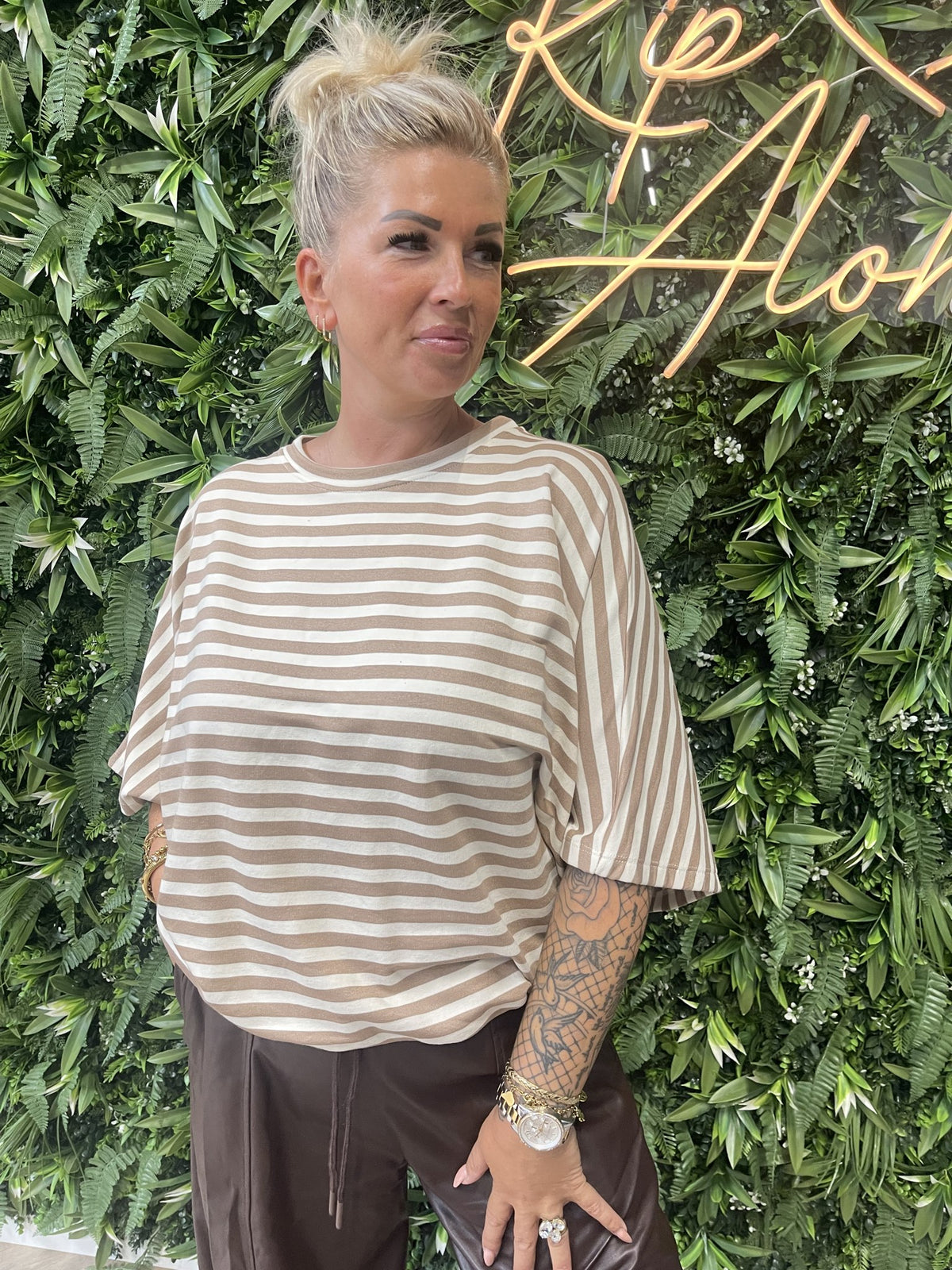 Top vleermuis streep beige