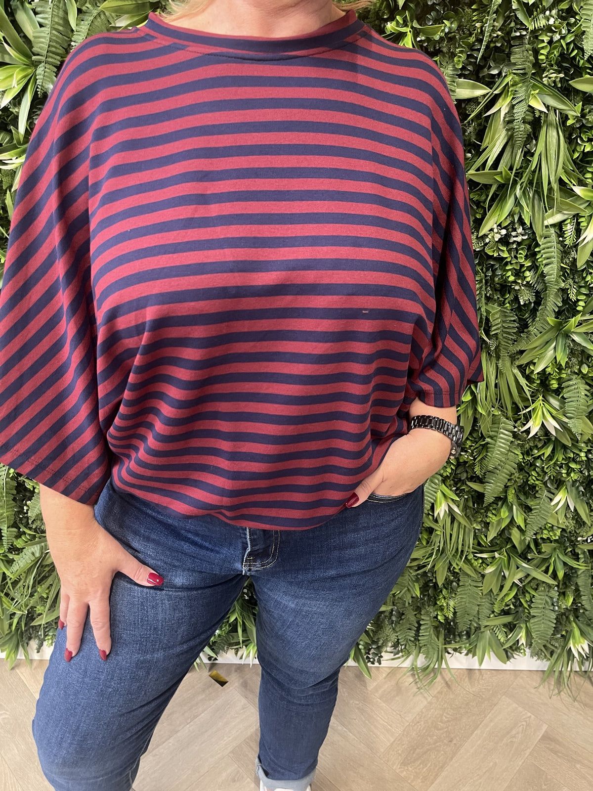 Top vleermuis streep marineblauw/bordeaux