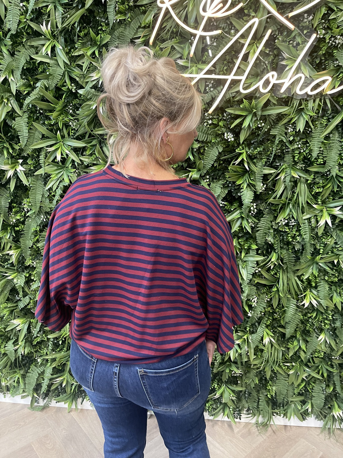 Top vleermuis streep marineblauw/bordeaux