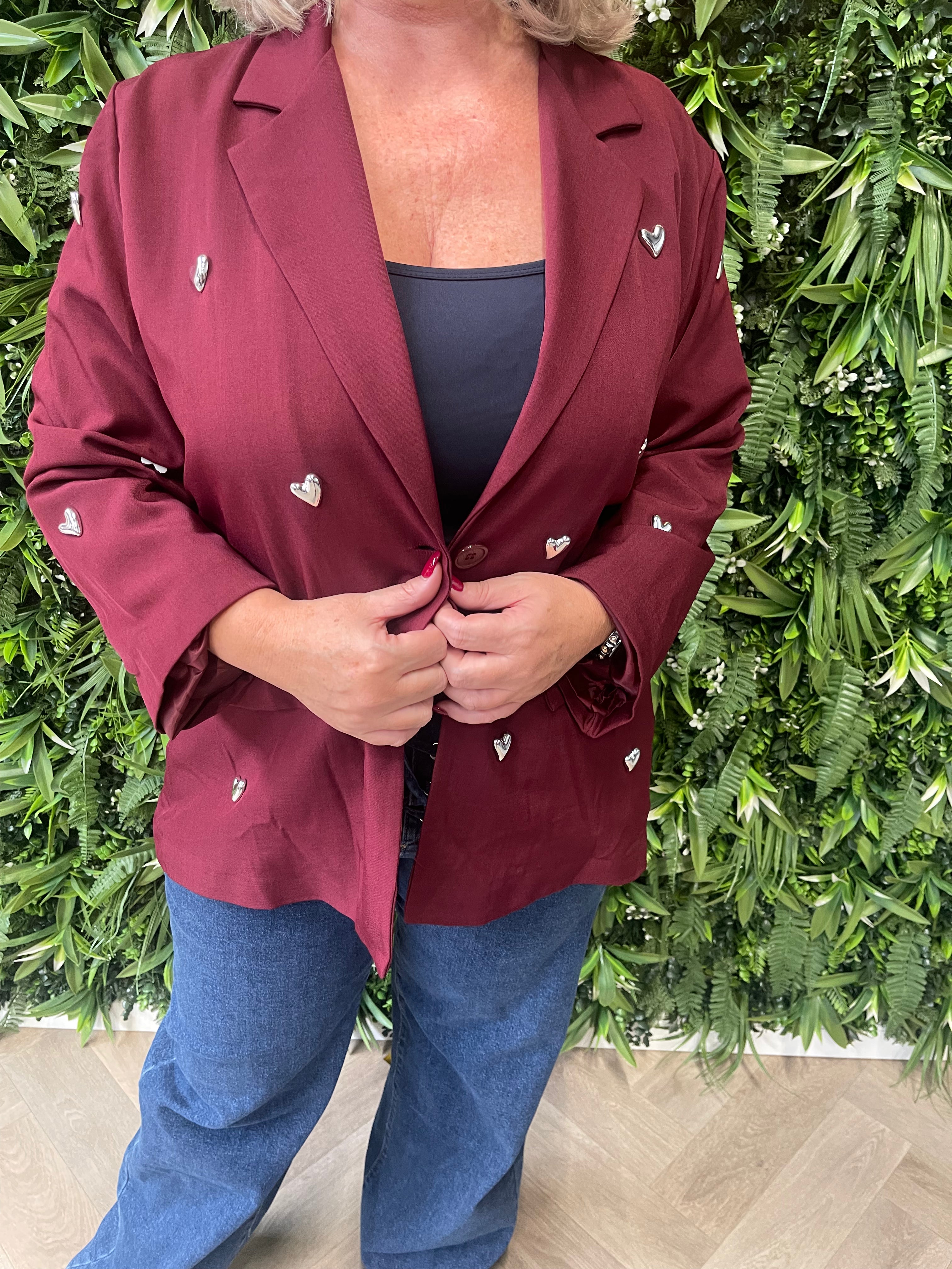Blazer 3/4e mouwen met hartjes wijnrood