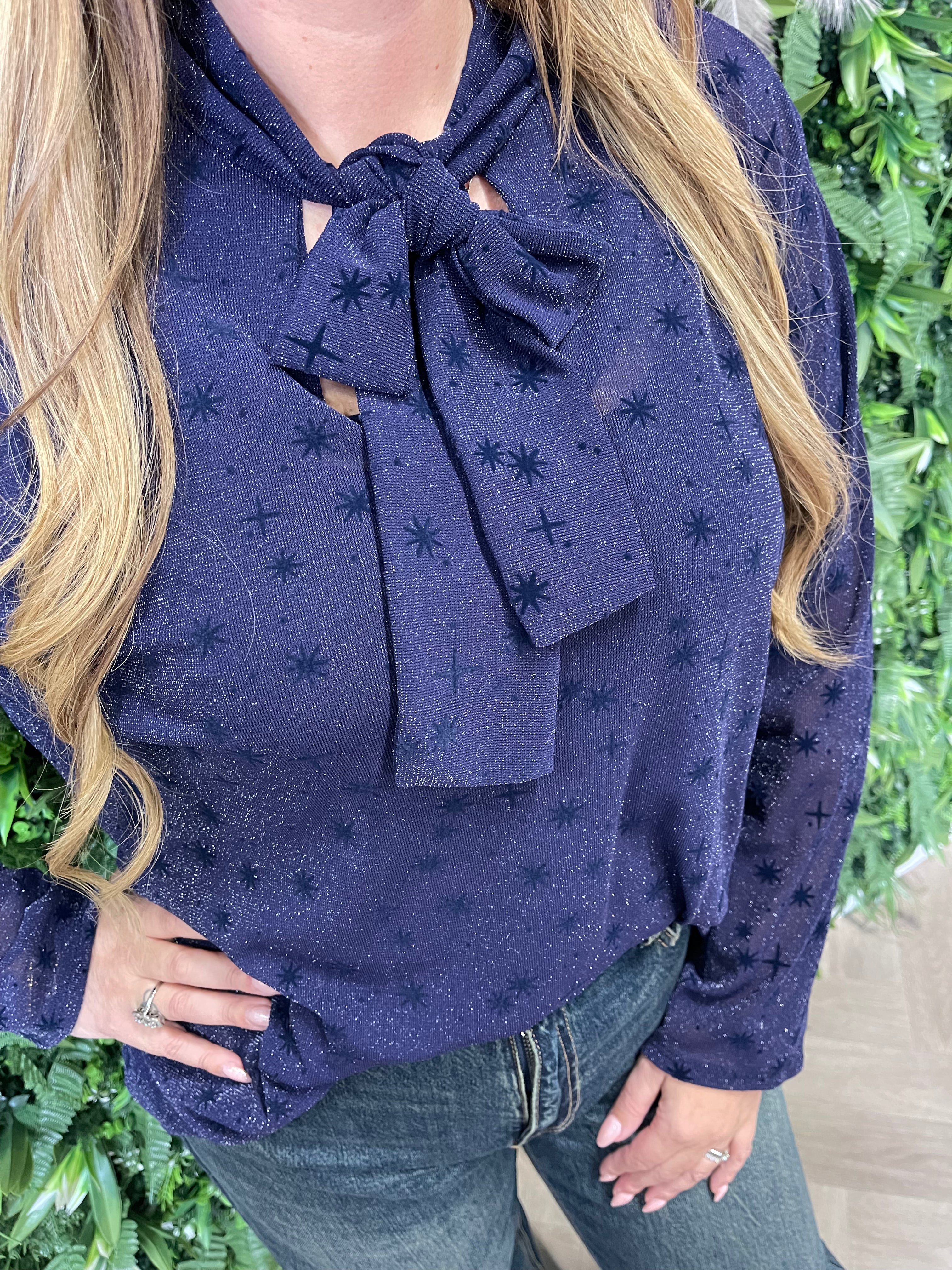 Top lurex met strik donkerblauw