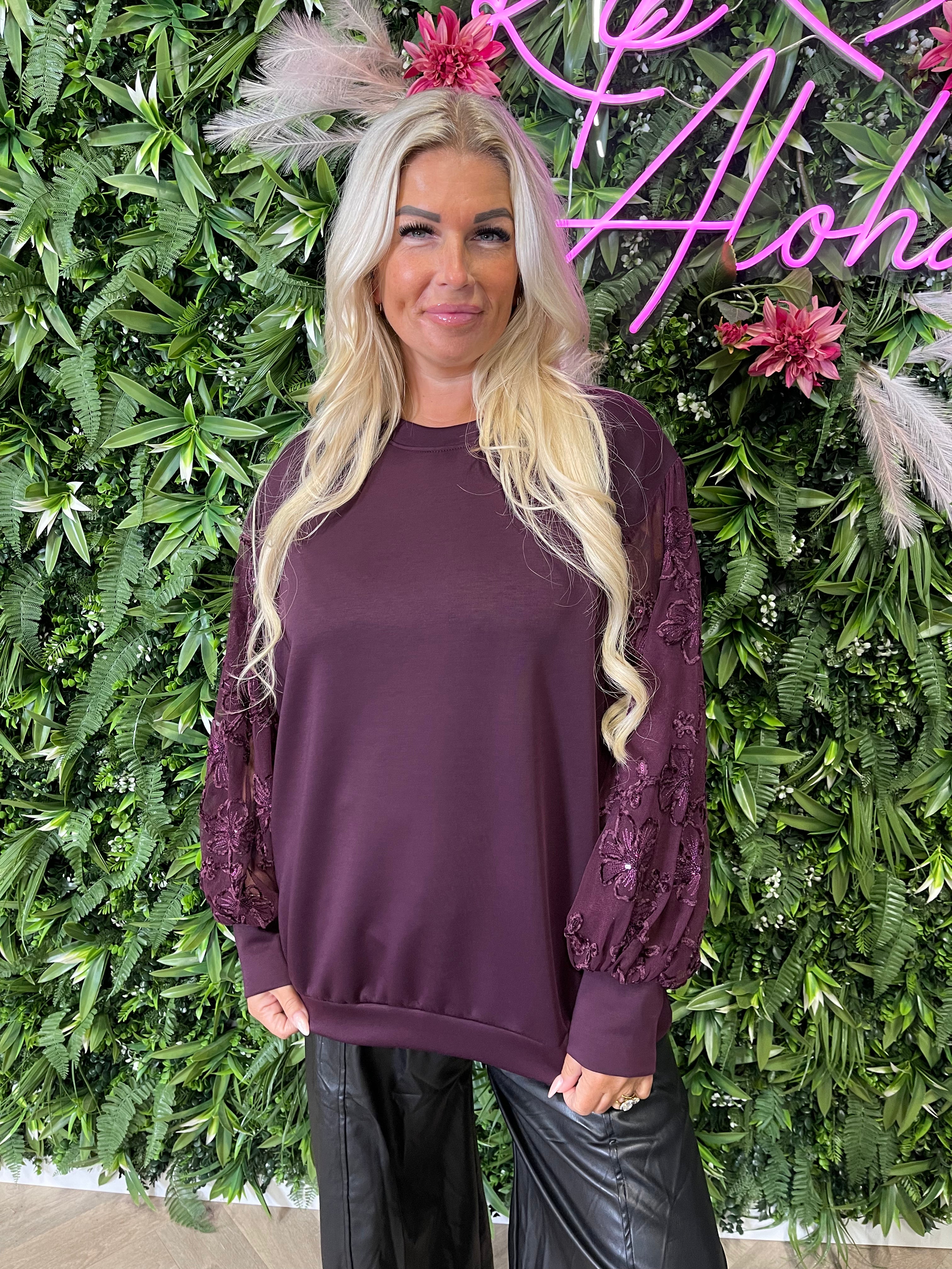 Sweater bloemmotief mouwen aubergine