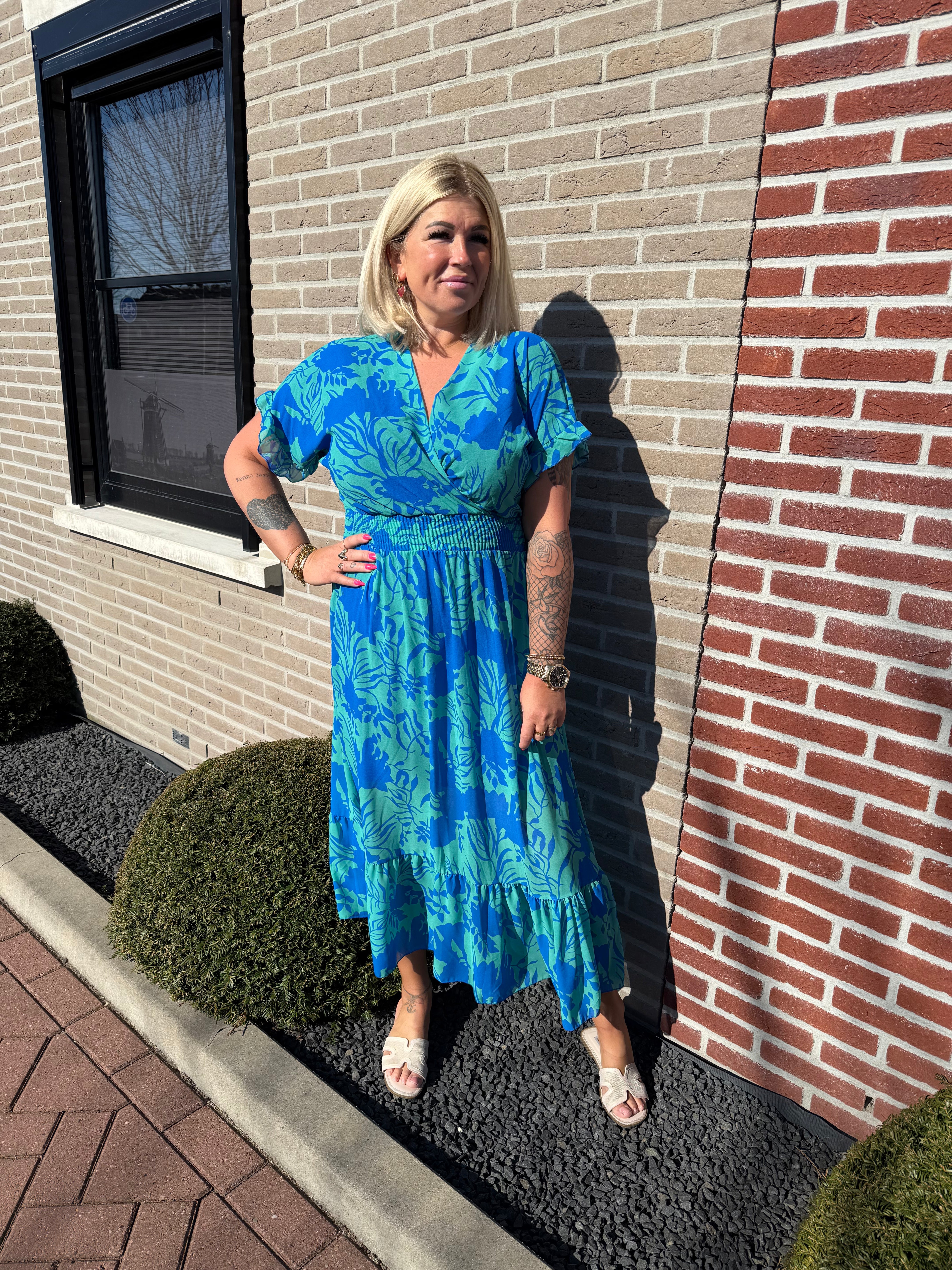 Maxi jurk roezels bloemen groen/blauw