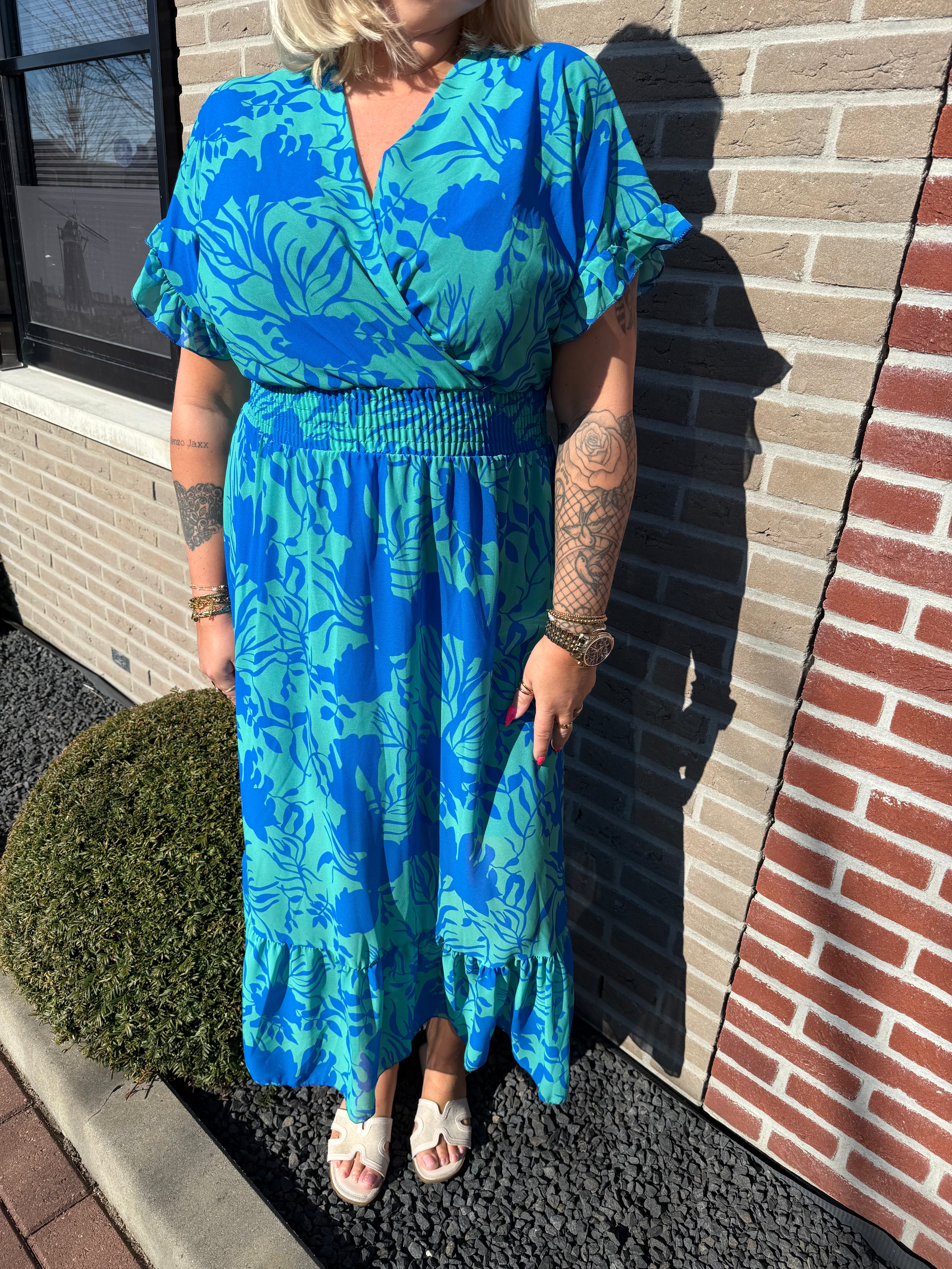 Maxi jurk roezels bloemen groen/blauw