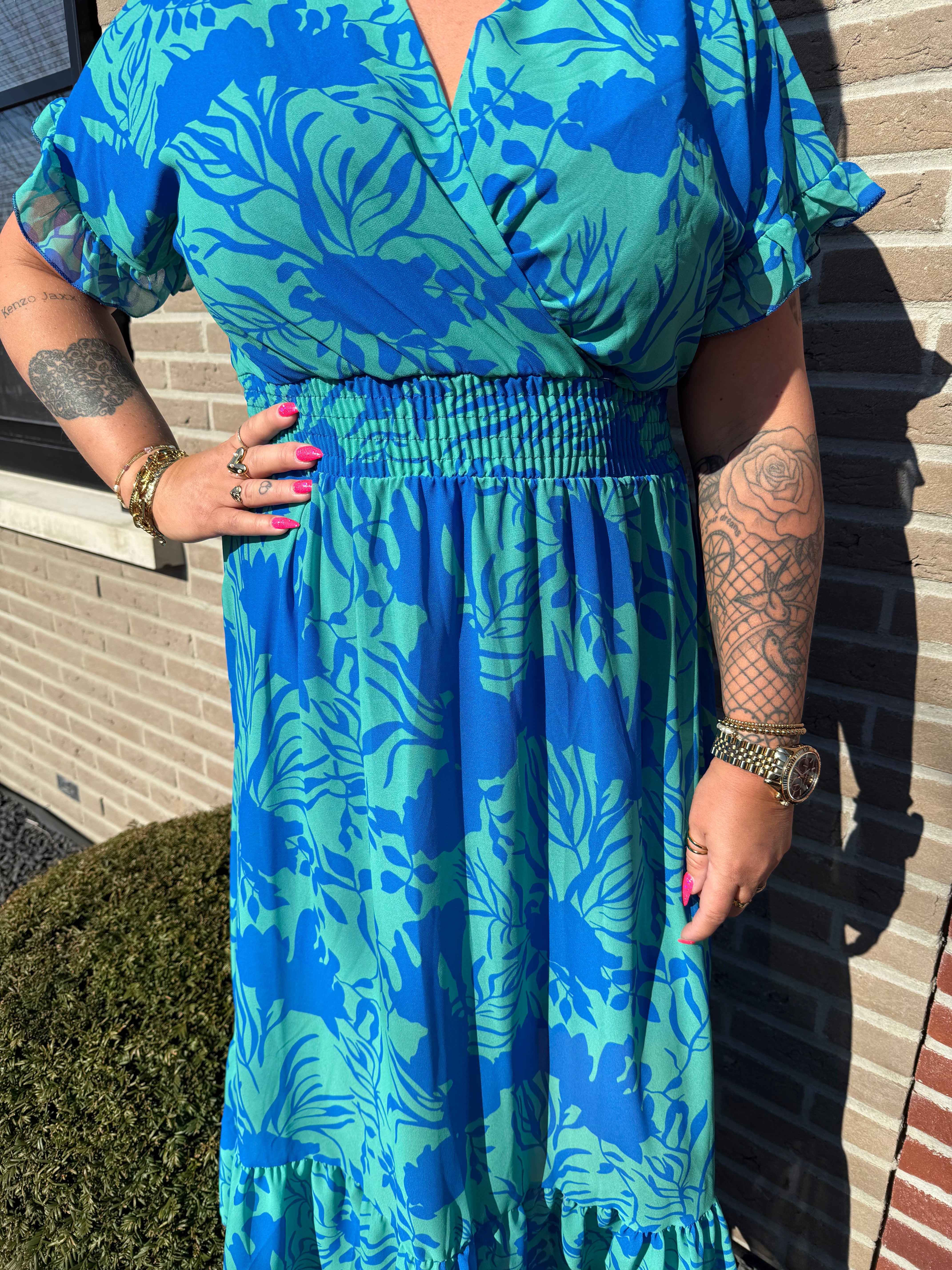 Maxi jurk roezels bloemen groen/blauw