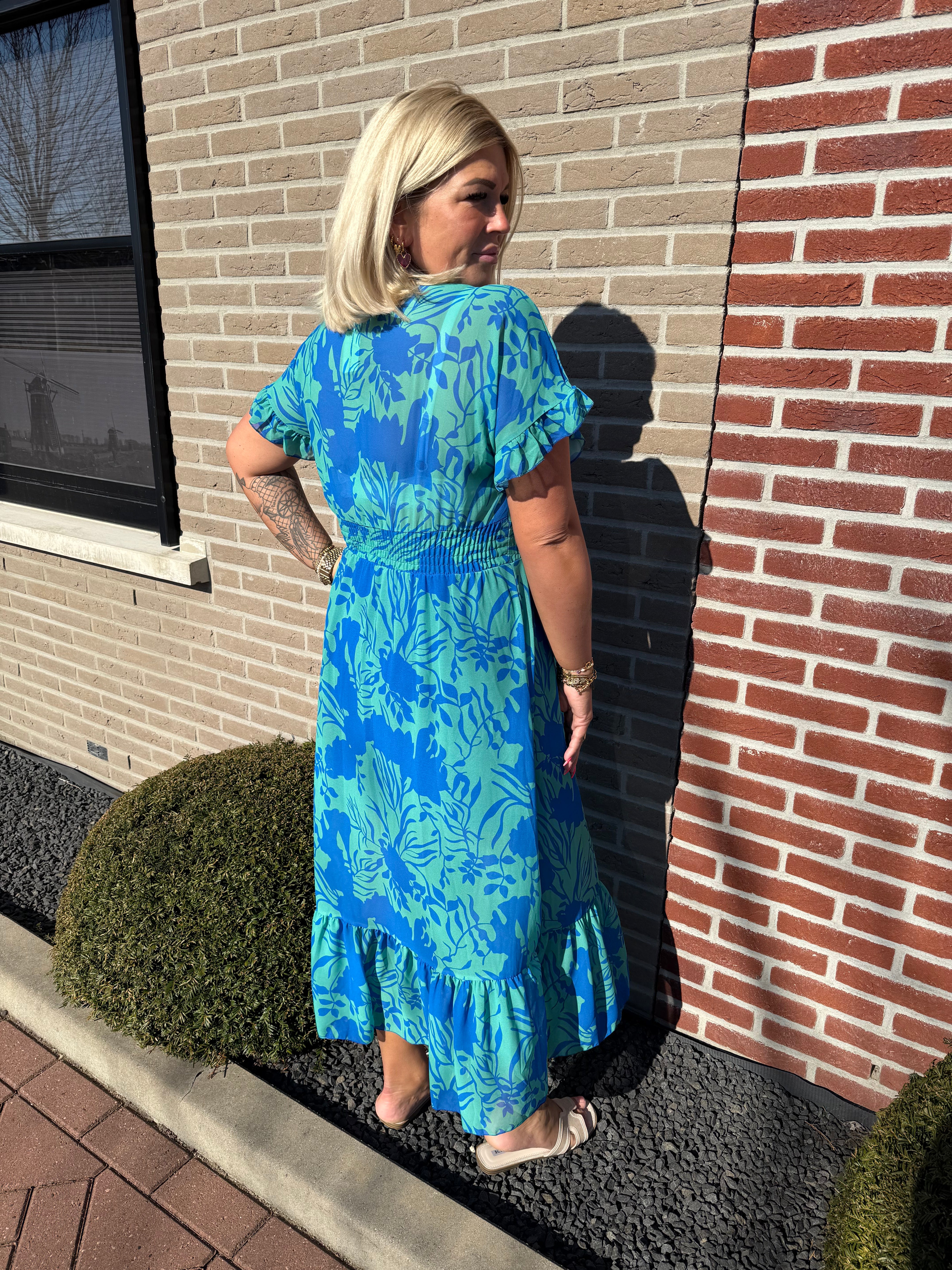 Maxi jurk roezels bloemen groen/blauw