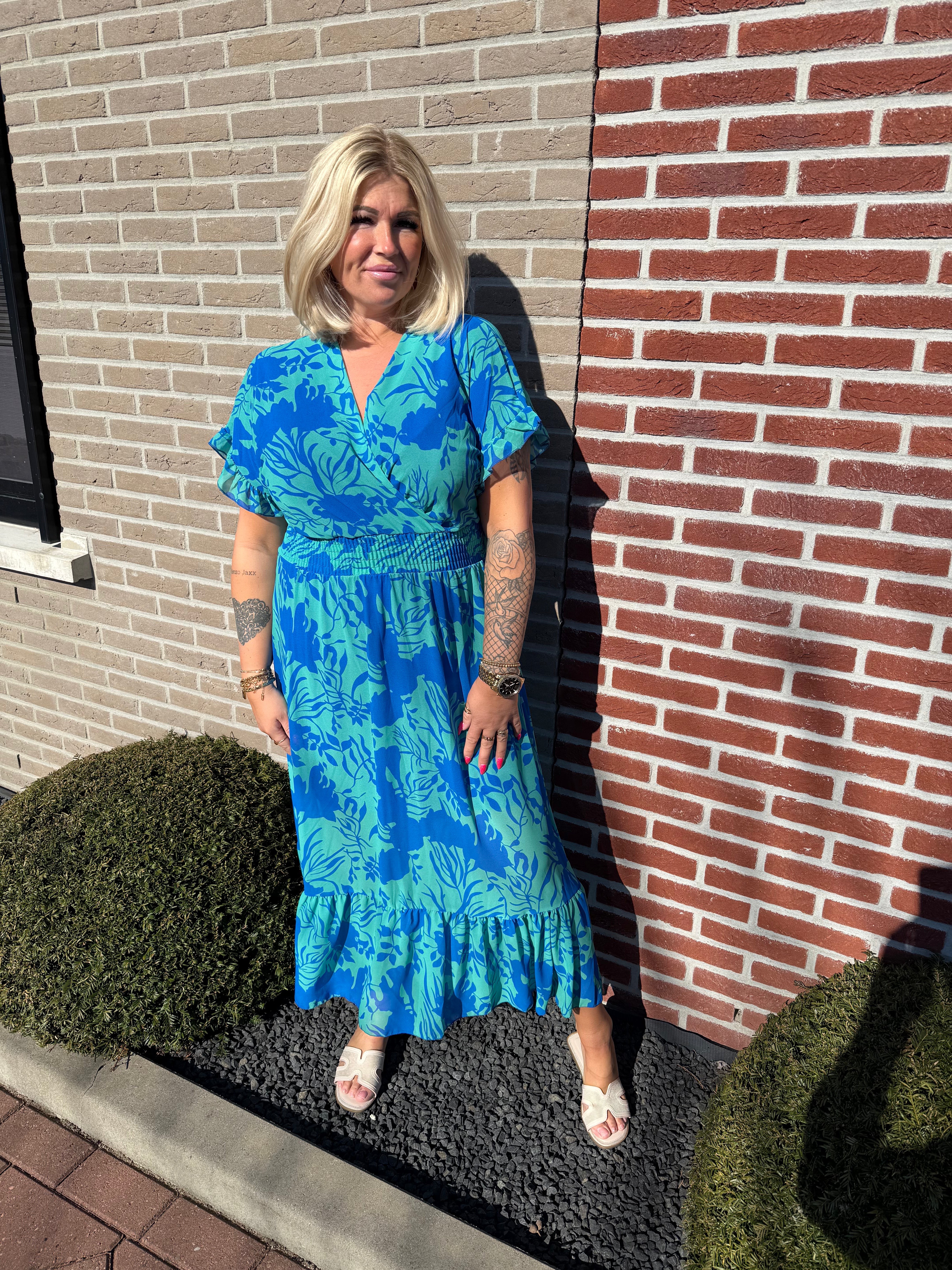 Maxi jurk roezels bloemen groen/blauw