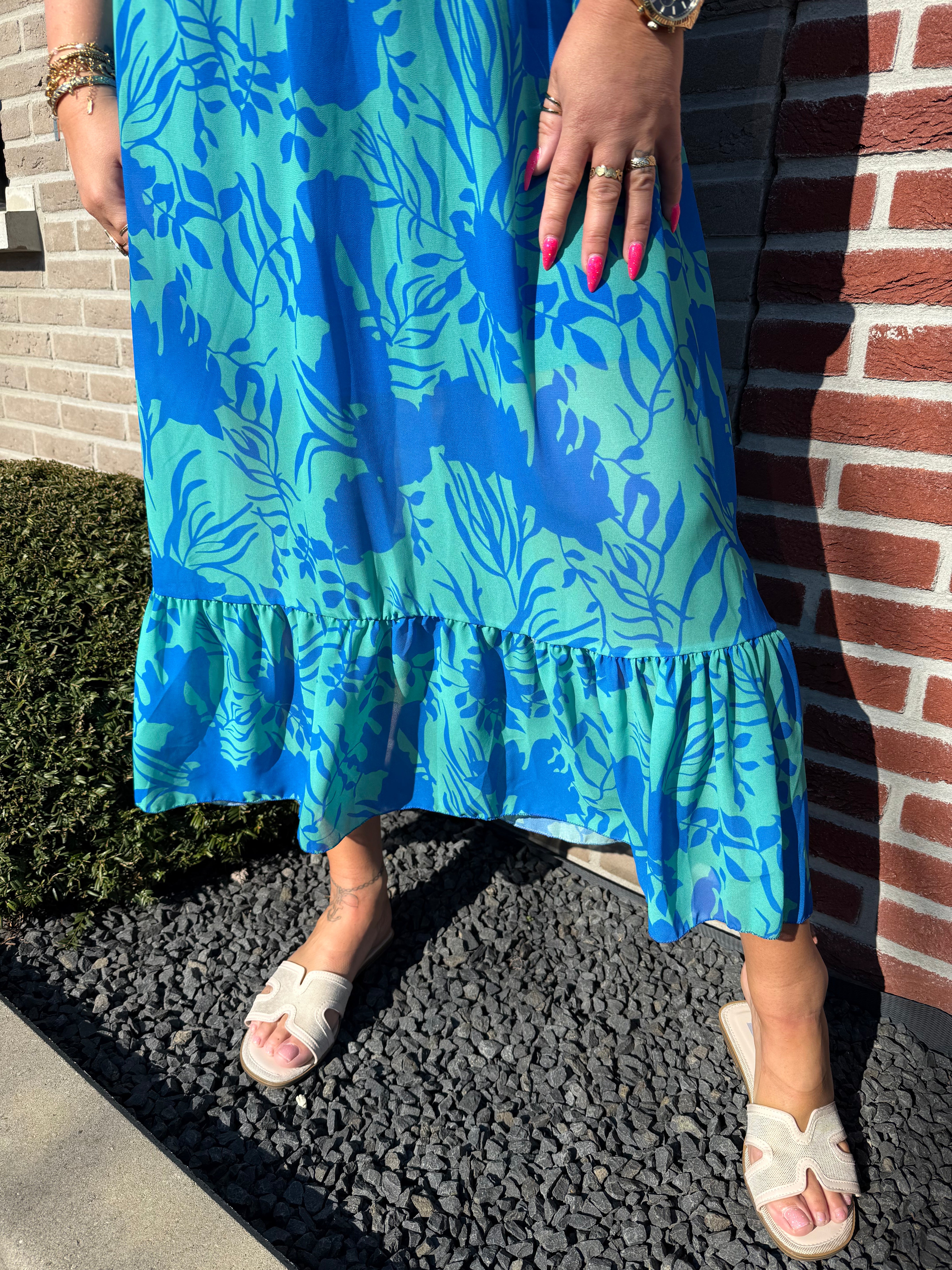 Maxi jurk roezels bloemen groen/blauw