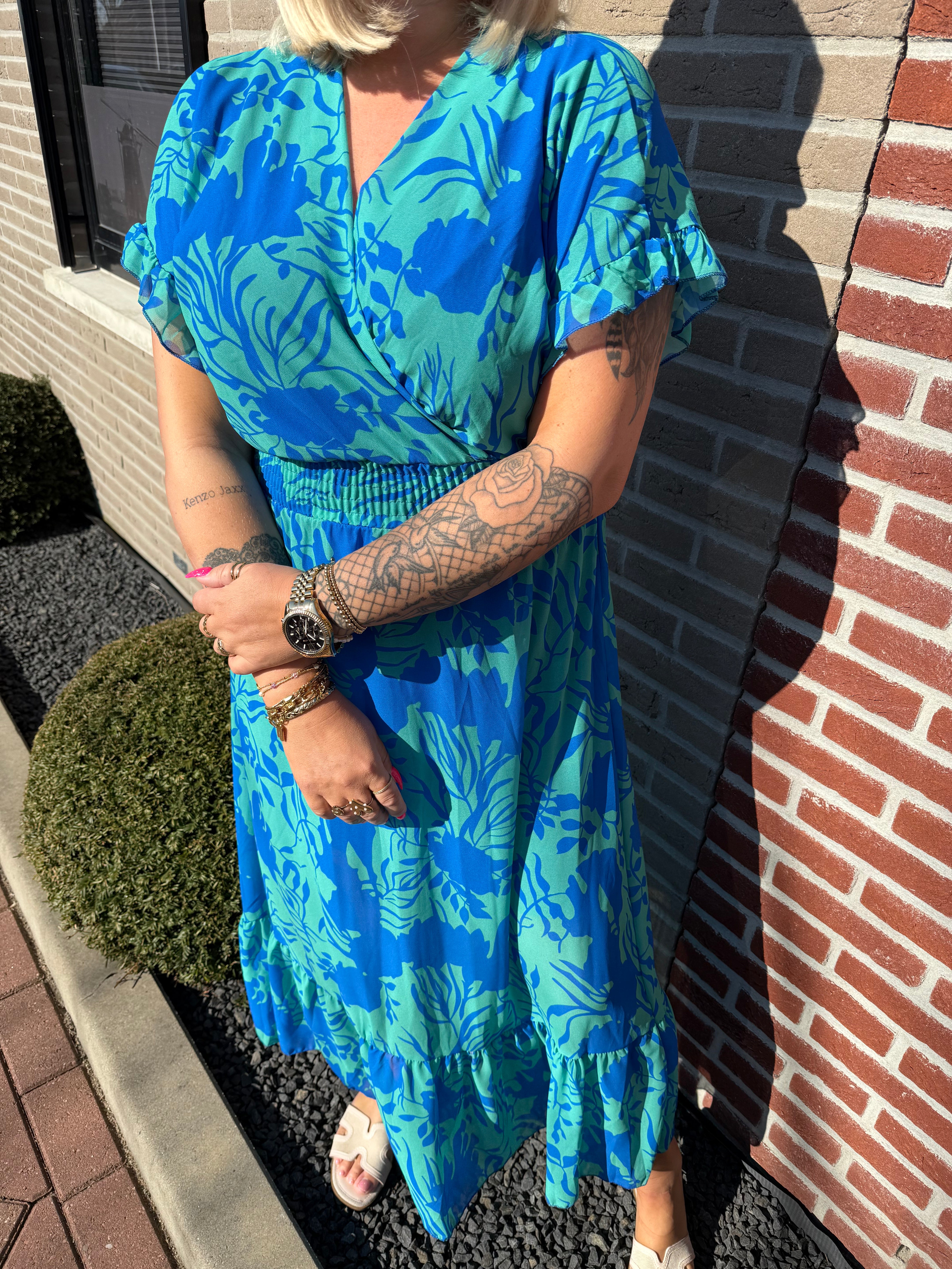 Maxi jurk roezels bloemen groen/blauw