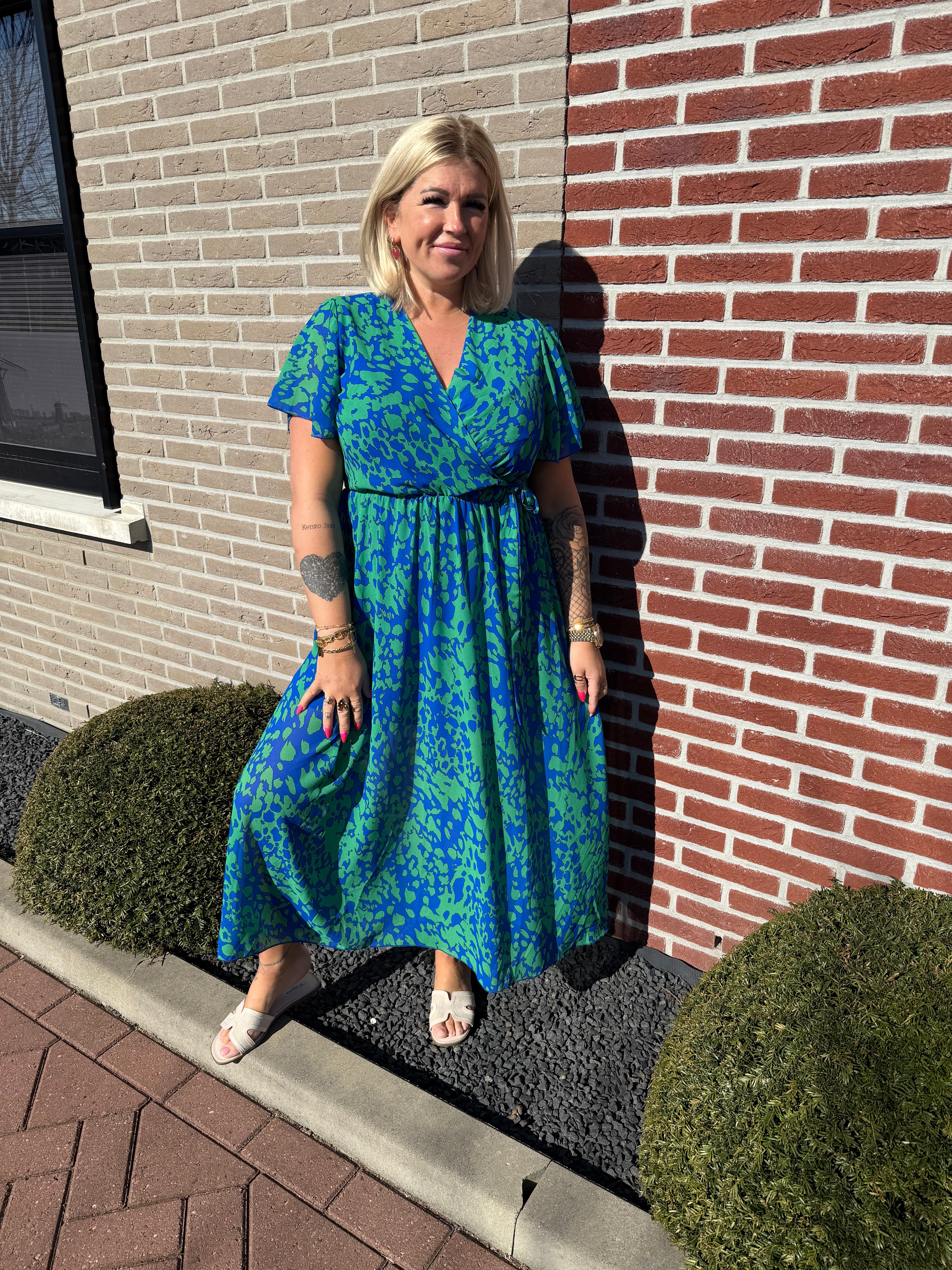 Maxi jurk met strik print gevlekt blauw/groen