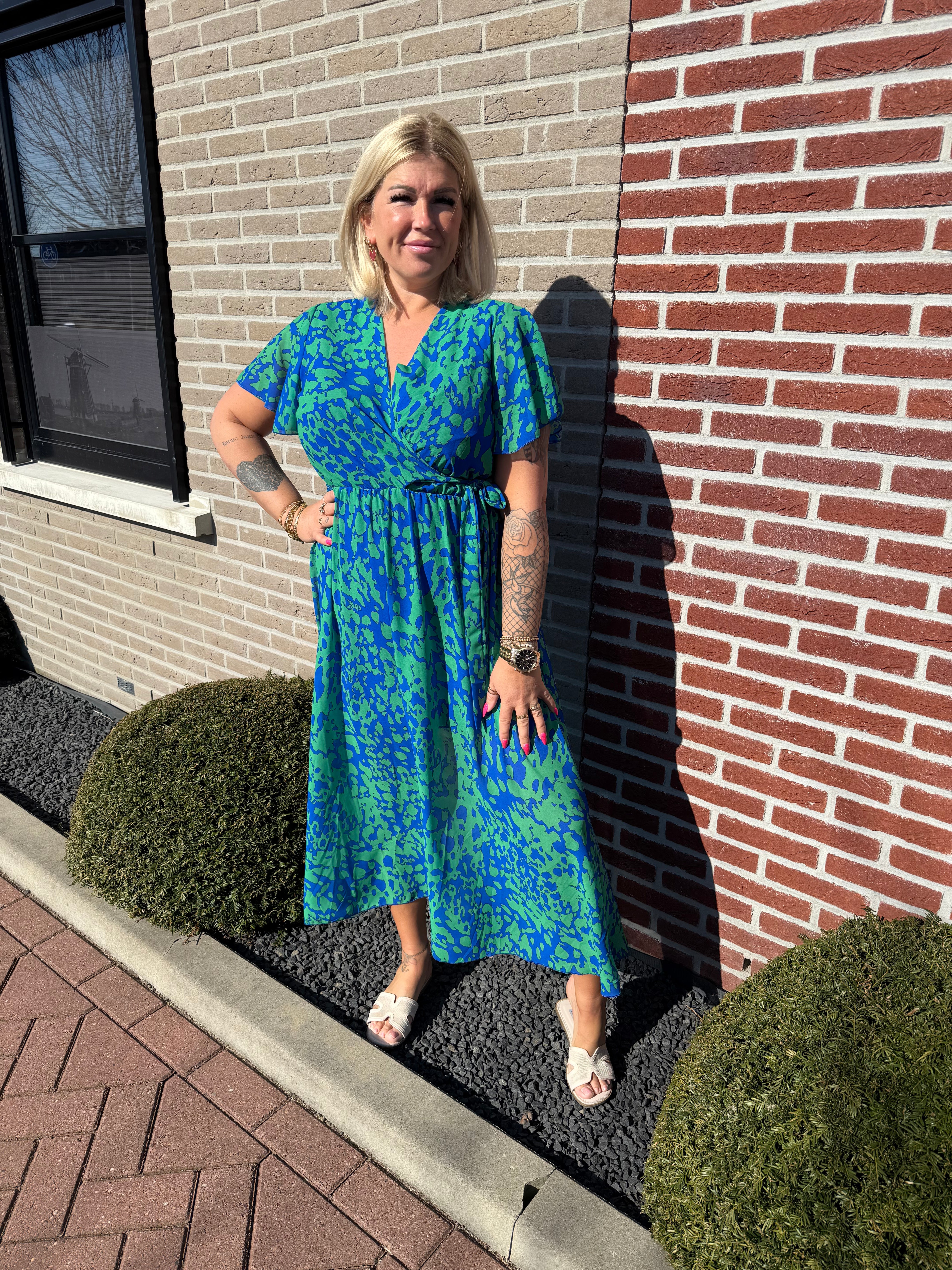Maxi jurk met strik print gevlekt blauw/groen