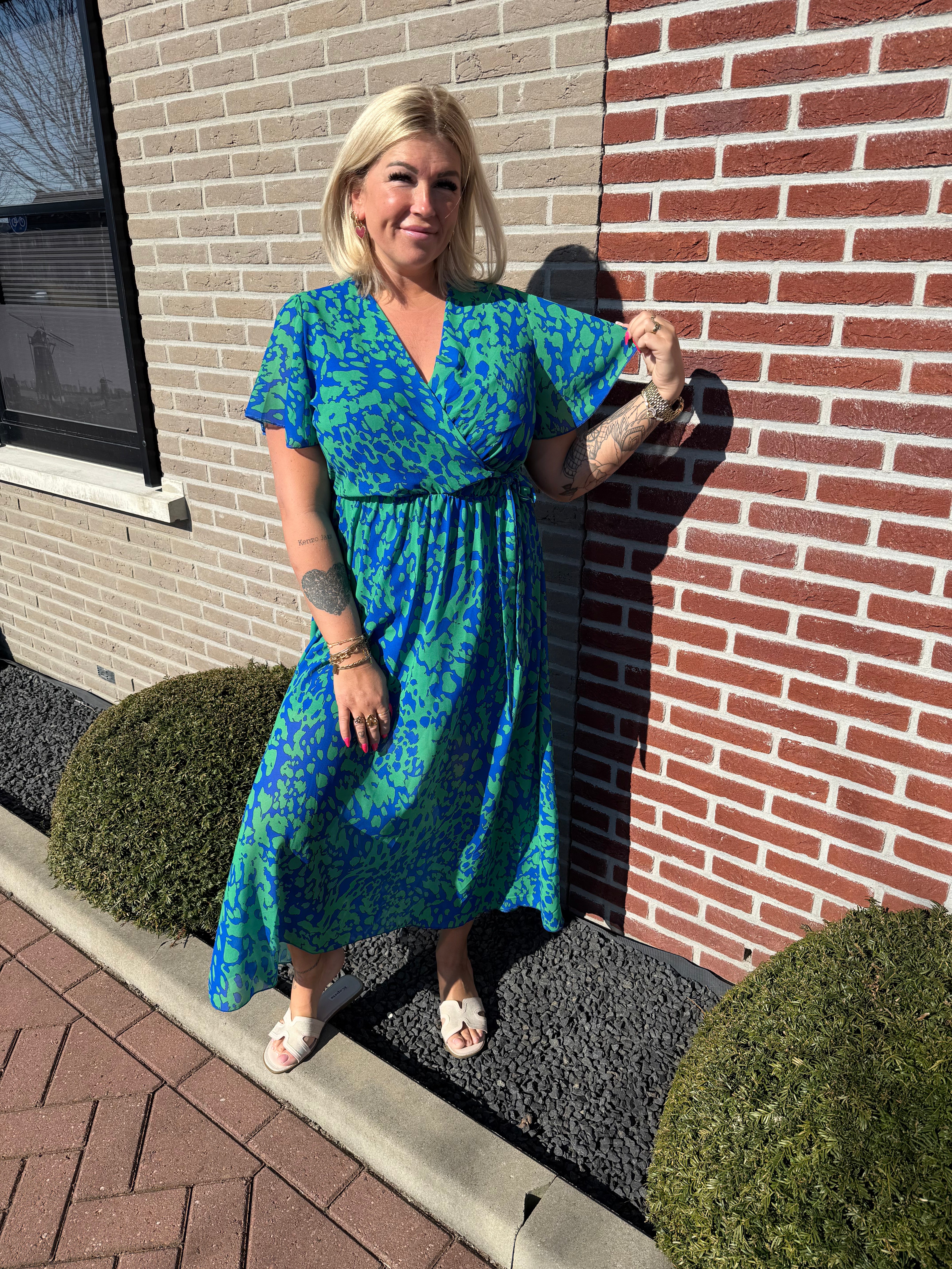 Maxi jurk met strik print gevlekt blauw/groen