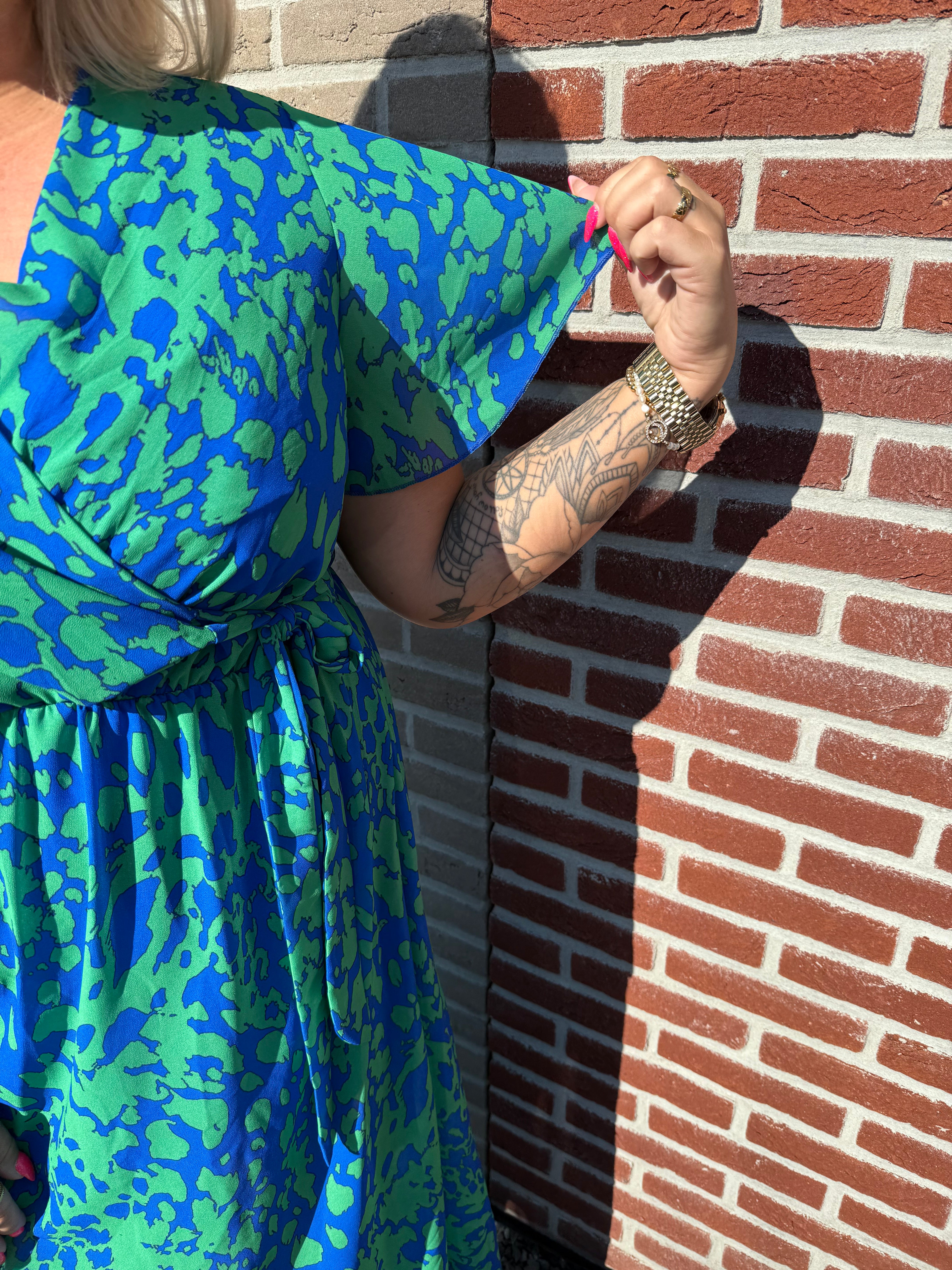 Maxi jurk met strik print gevlekt blauw/groen