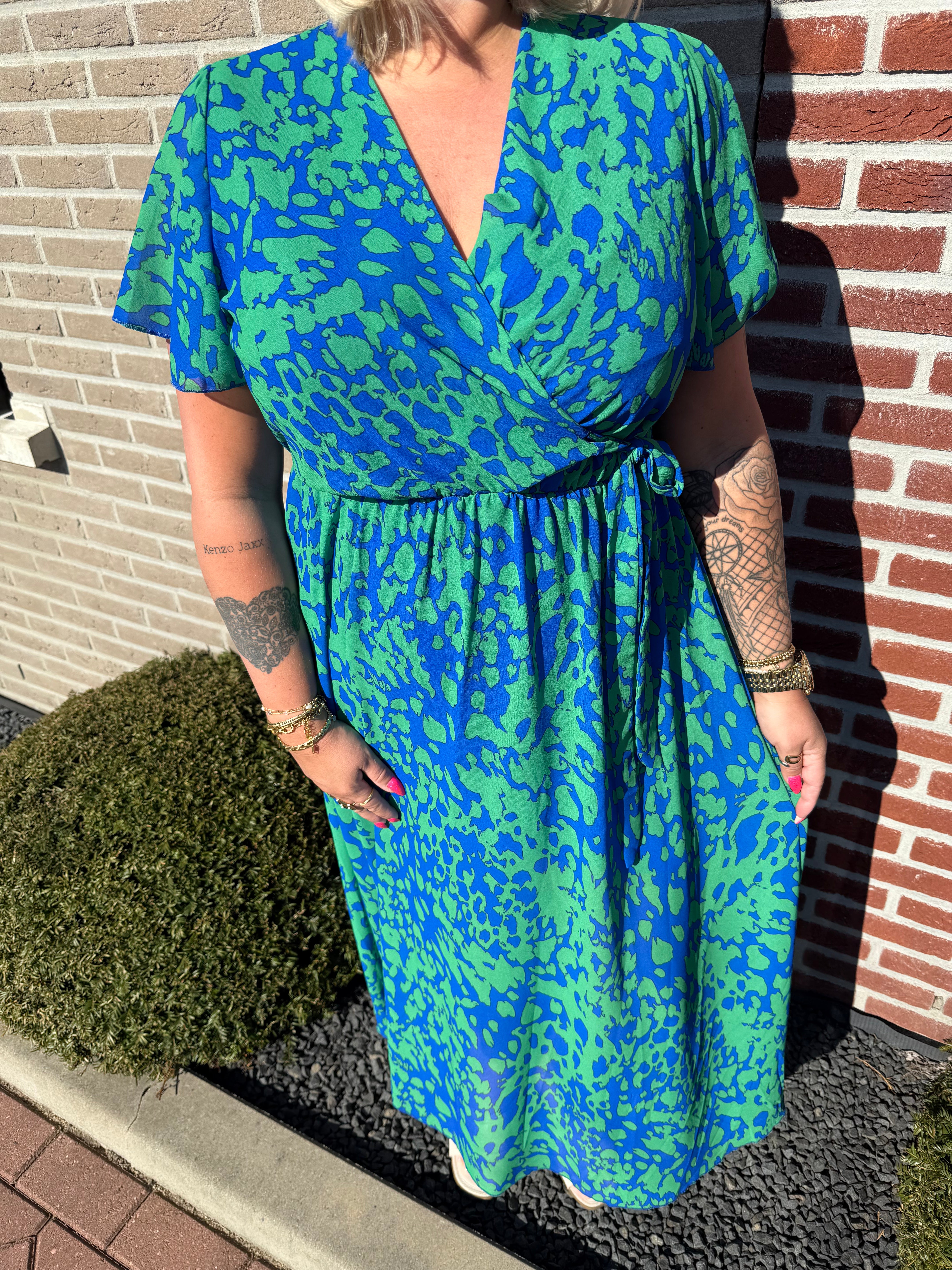 Maxi jurk met strik print gevlekt blauw/groen
